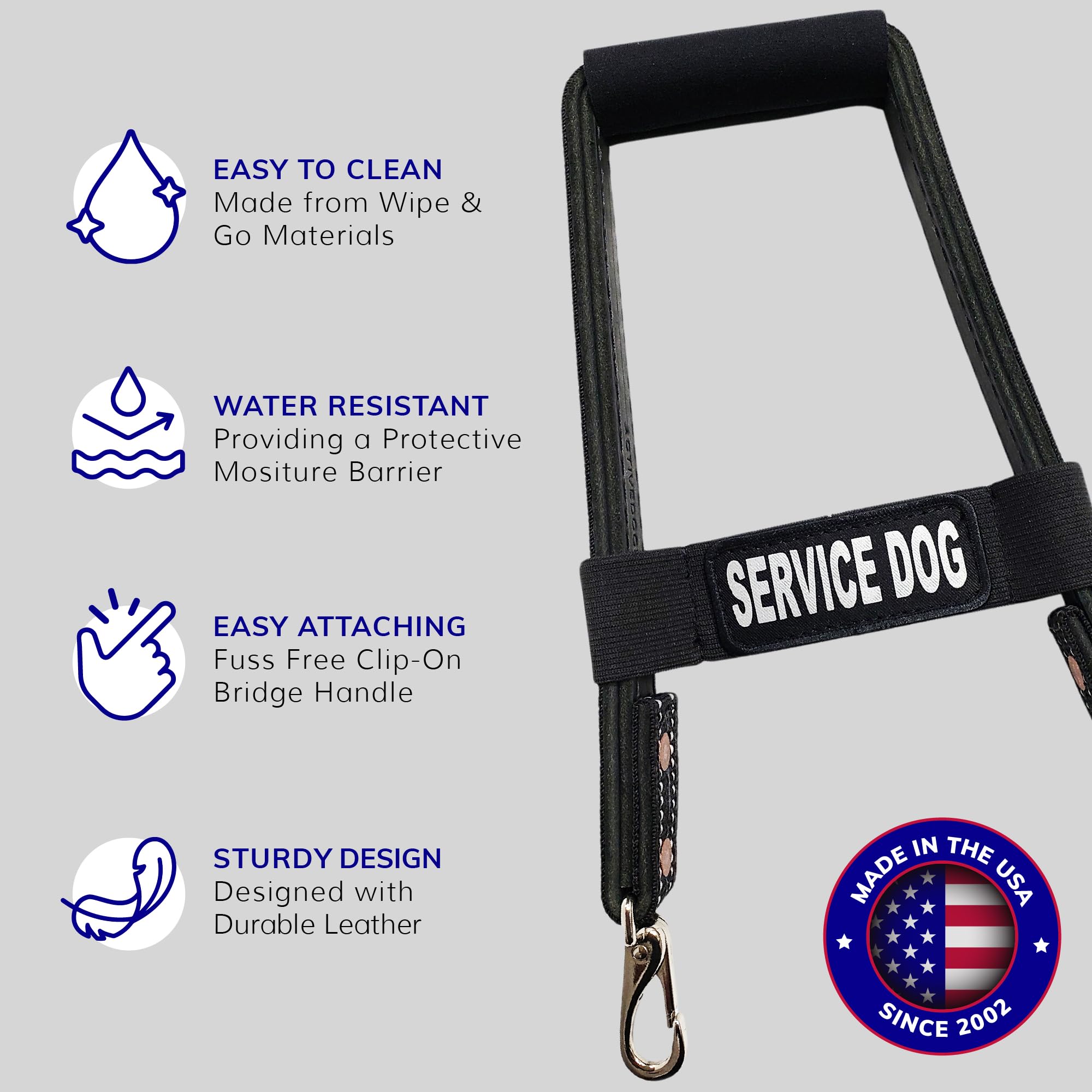 Activedogs Leather Bridge Handle For Service Dog 12' - Solid Steel & Leather Service Dog Handle With Easy Snap-On Clips, Reflective Service Dog Id Band & Neoprene Padded Handle