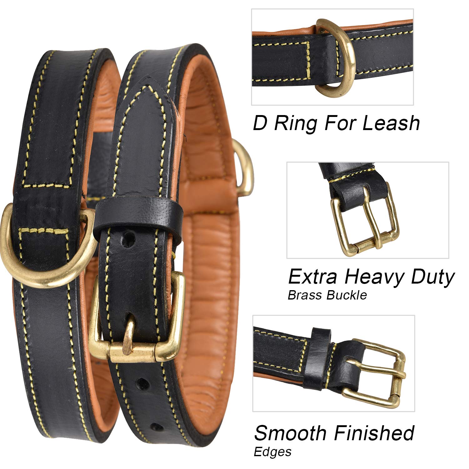 Dowgclub | Genuine Leather Dog Collar | Full Grain, Heavy Duty | Padded, Comfortable, Strong | Best For Pups, Small, Medium, Large, X- Large Dog Breeds, (Medium (Fit Neck Size 14.5'-18.5'), Black)