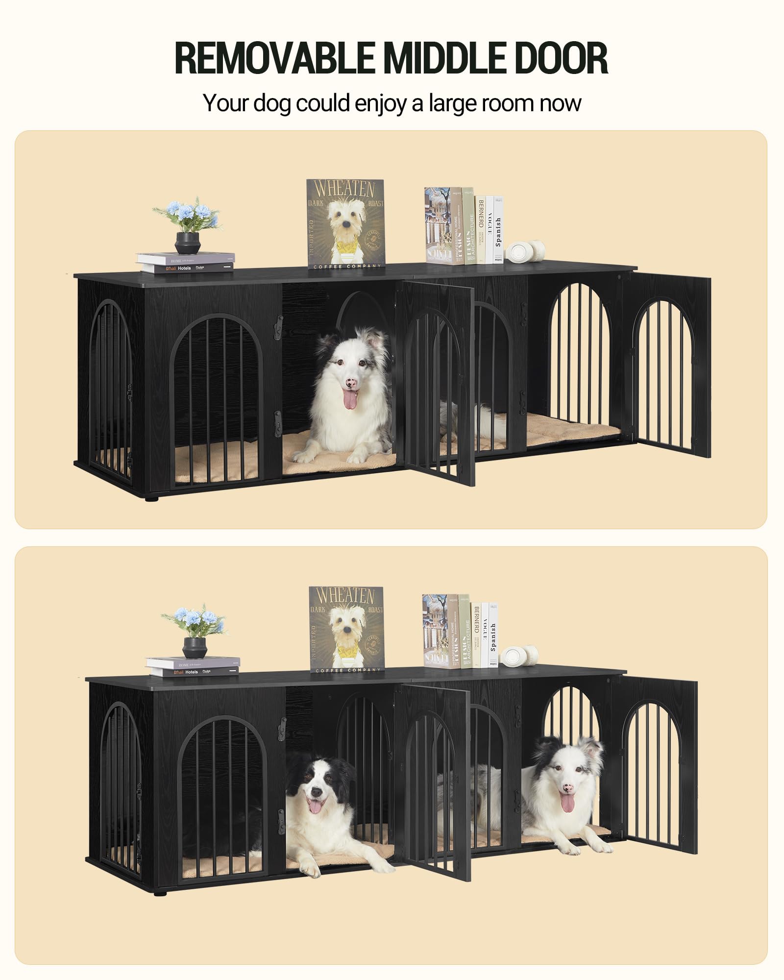 Hzuaneri 71 Dog Crate Furniture for 2 Dogs, Heavy Duty Indoor Dog Kennel TV Stand, XL Wooden Dog Cage with Divider for Medium La