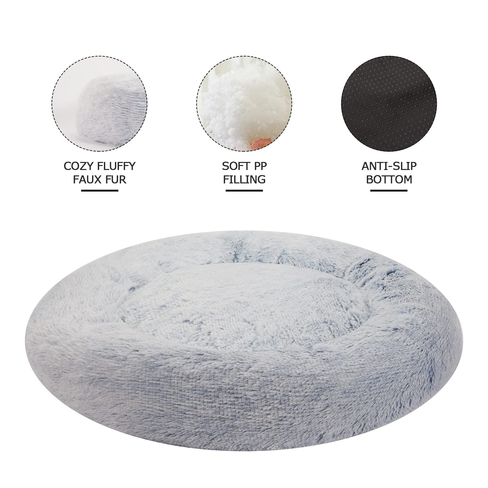 Bedfolks Calming Donut Dog Bed, 36 Inches Round Fluffy For Large Dogs, Anti-Anxiety Plush, Machine Washable (Light Blue, Large)