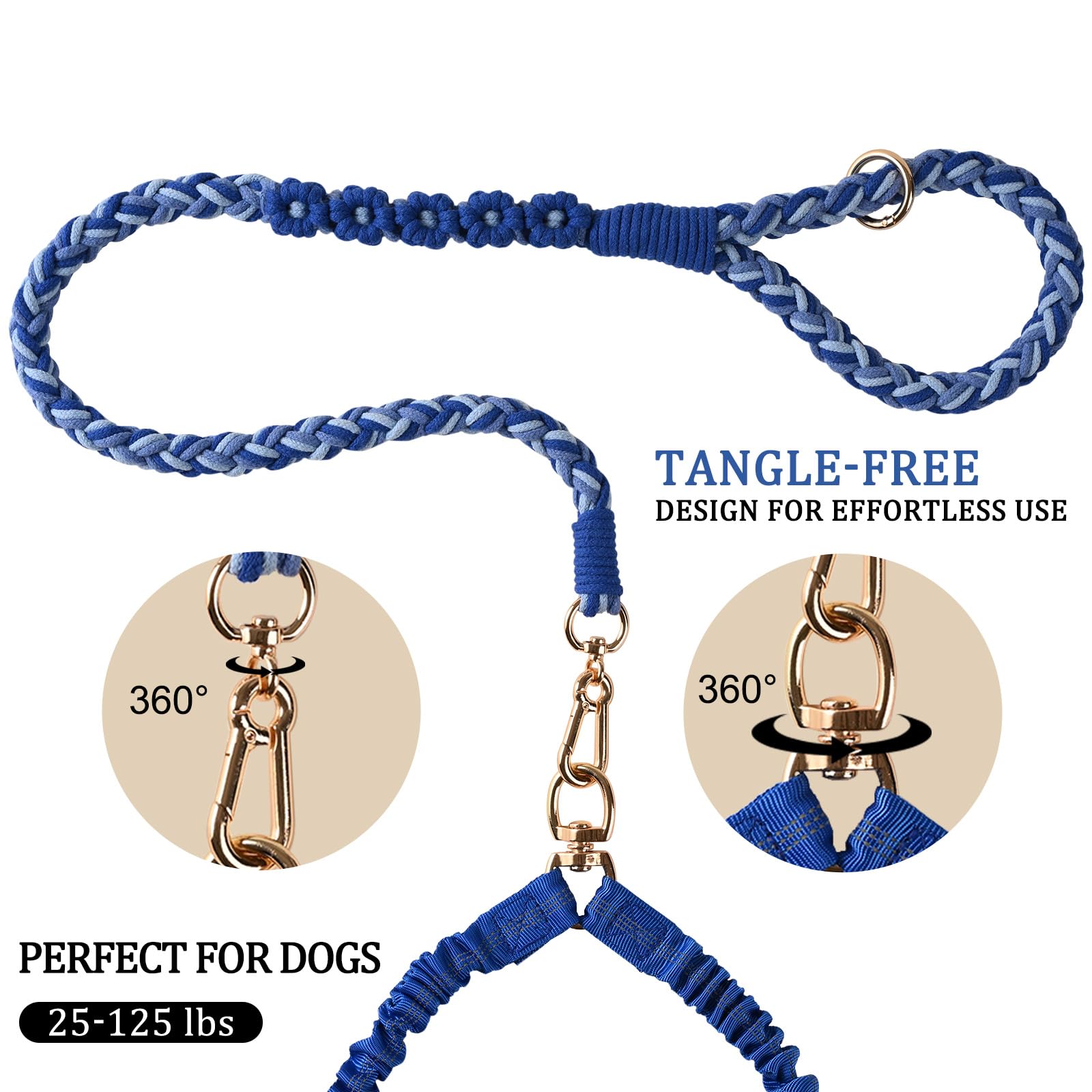 Dual Dog Leash,Double Dog 360 Swivel No Tangle Walking Leash,Comfortable Shock Absorbing Reflective Bungee For Two Dogs(Blue)