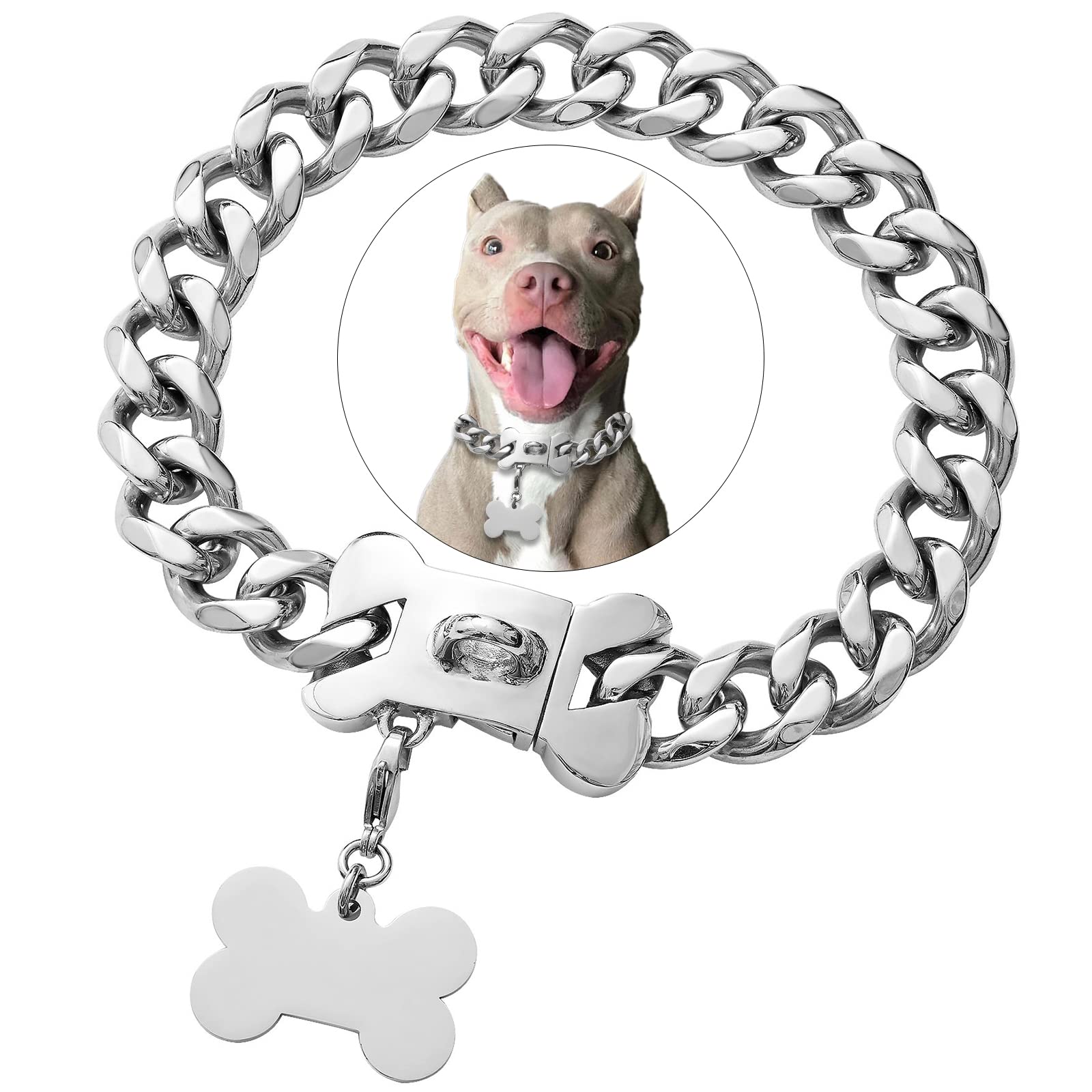 Stainless Steel Cuban Silver Link Heavy Duty Necklace Dog Collar For Small Medium Large Dogs, American Bully French Bulldog Dog 