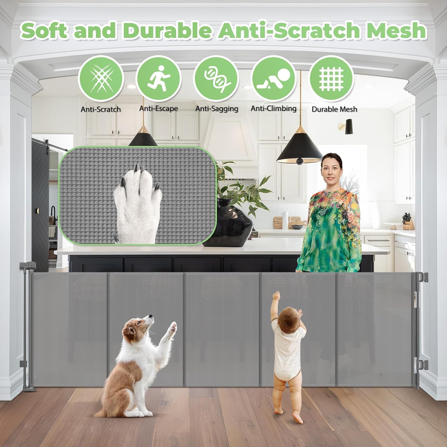 96 Inch Wide Reinforced Retractable Dog Gate with Support Rods - Prevent Crawling Under, Extra Long Retractable Baby Gate Large