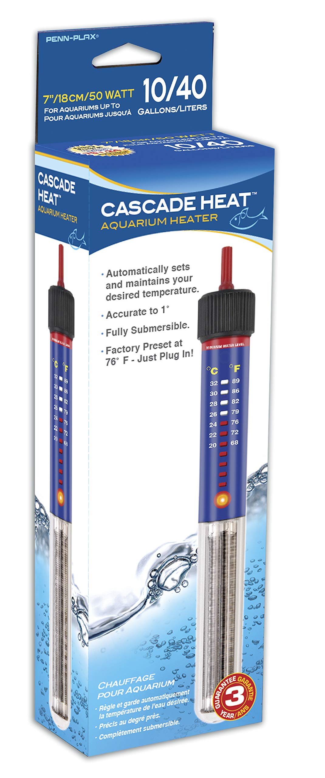 Penn-Plax Cascade Heat Aquarium Heater – Fully Submersible – Great For Freshwater And Saltwater Fish Tanks – 7.5” Length – 50 Watt