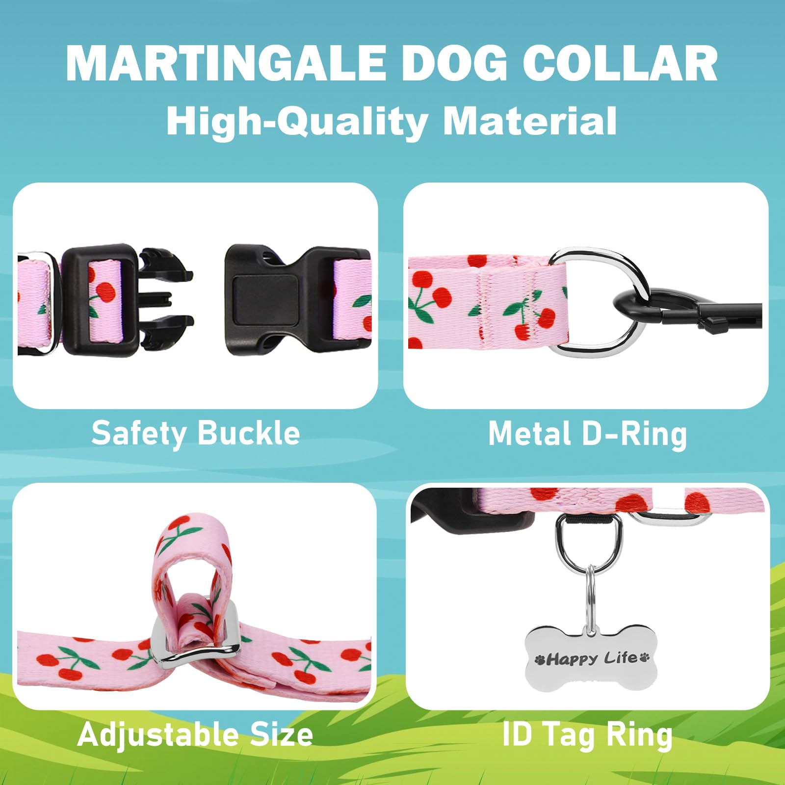 Fidohug Martingale Dog Collars For Large Dogs With Buckle No Pull Cute Girl Pink Pet Collar (Cherry, Large)