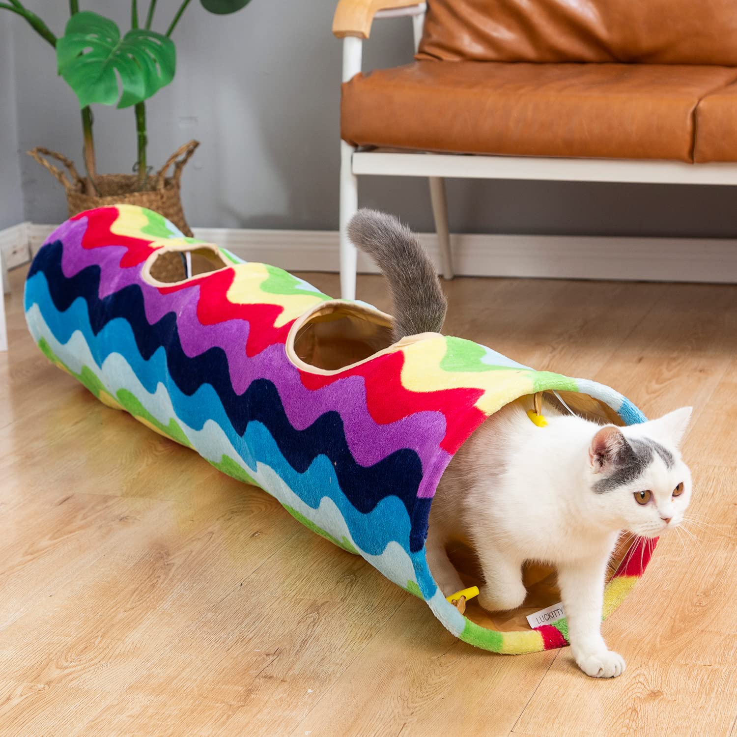 Luckitty Cat Tunnel -Straight-Shaped, Rainbow Wave Color, Soft Velvet Exterior, Oxford Fabric Fog-Proof Interior, Plush Toy Ball, Easily Washable, Conveniently Foldable, 47.2In/120Cm