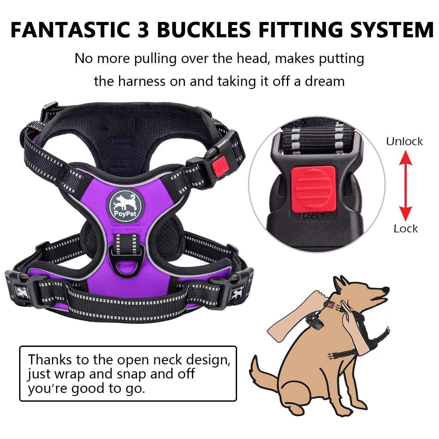 Poypet No Pull Dog Harness, No Choke Front Lead Dog Reflective Harness, Adjustable Soft Padded Pet Vest With Easy Control Handle For Small To Large Dogs(Purple,Xs)