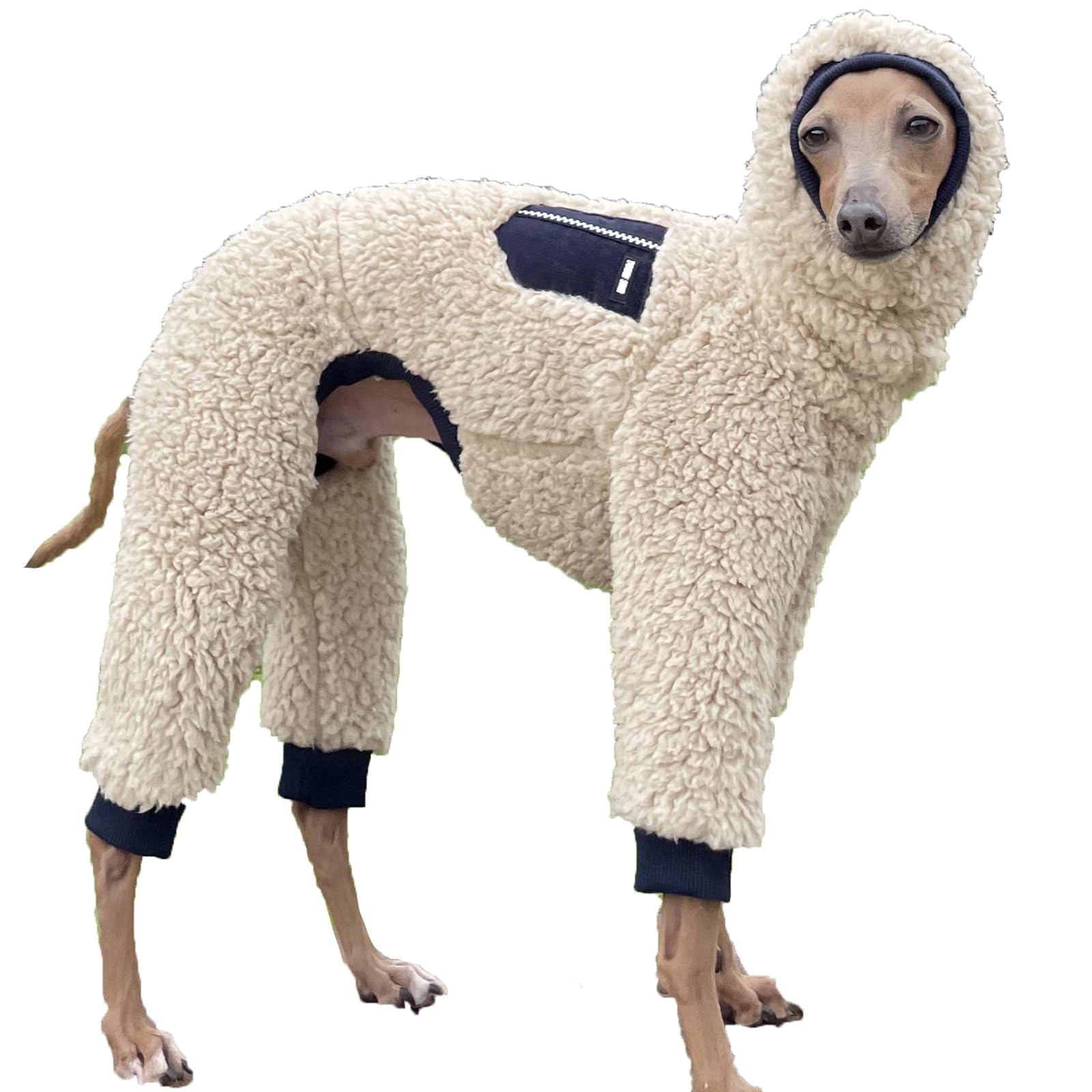 D Doggy Star Italian Greyhound Sweater Turtleneck Outfit Warm Fleece Onesie Clothes Whippet For Dog Coat (S,Navy Pkt)