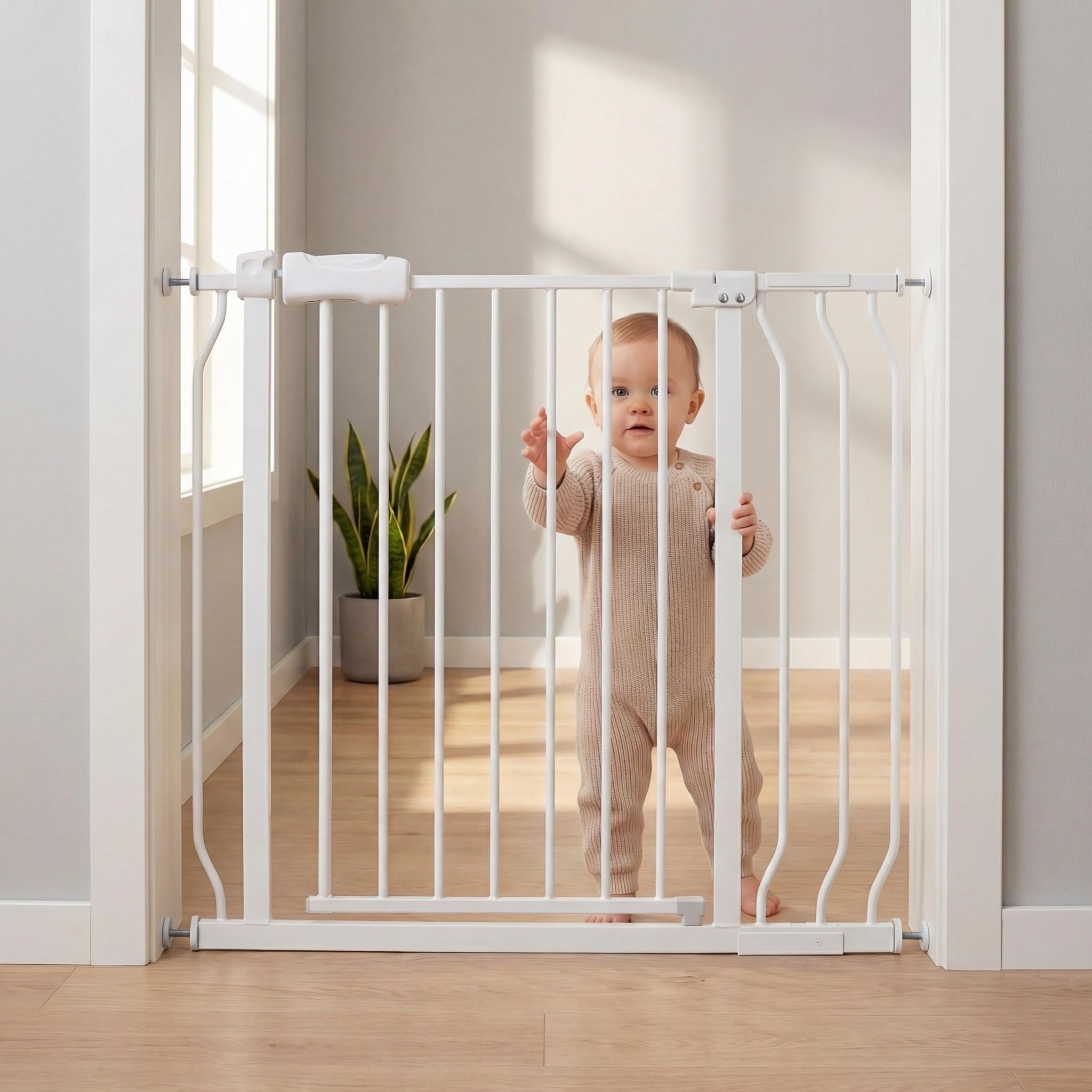 COSEND 33-38 Inch Wide Baby Gates for Stairs & Doorways - Pressure Mounted Metal Gates for Toddlers & Pets (White, 86-98CM)