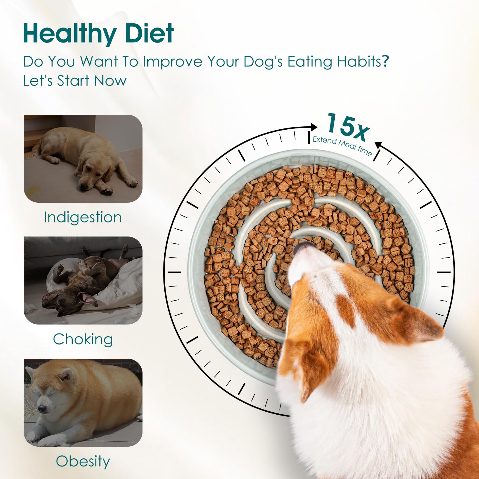 vancasso Slow Feeder Dog Bowl, 1.5 Cups Ceramic Dog Food Dish for Fast Eaters Small Breed, Puzzle Bowl for Small Dogs and Cats,