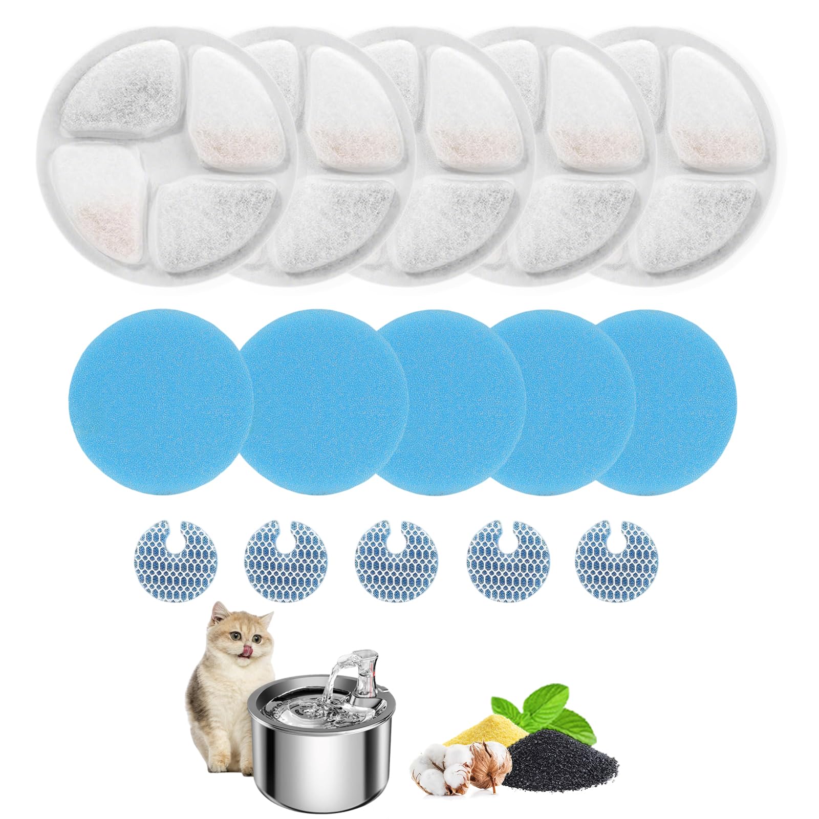 Cat Water Fountain Filter,Cat Fountain Filters Replacement for Round 2L/67oz Stainless Steel Pet Water Fountain,5 Set Pet Founta
