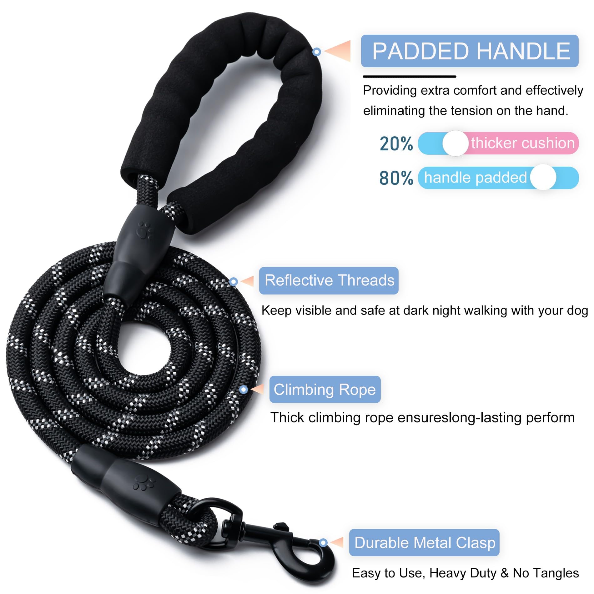 2 Pack Dog Leash, 4/5//6 Ft Heavy Duty Nylon Rope Pet Leashes With Comfortable Padded Handle, Reflective Dog Leashes For Small M