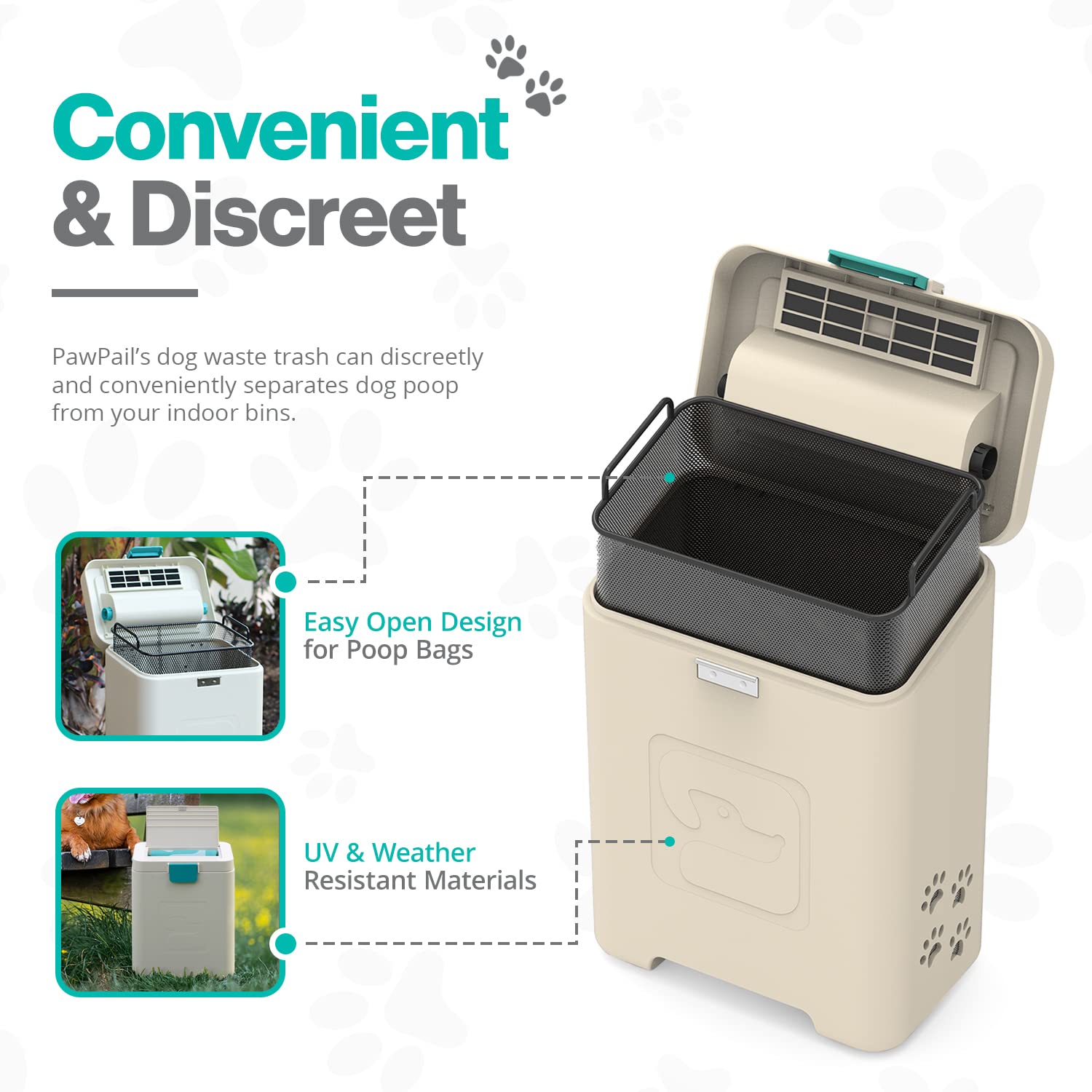 PawPail Heavy Duty Outdoor Dog Poop Trash Can with Carbon Filter, Odor Control, UV Resistant, Cream, 18.5x13x8 Inch, Includes 200 Bags