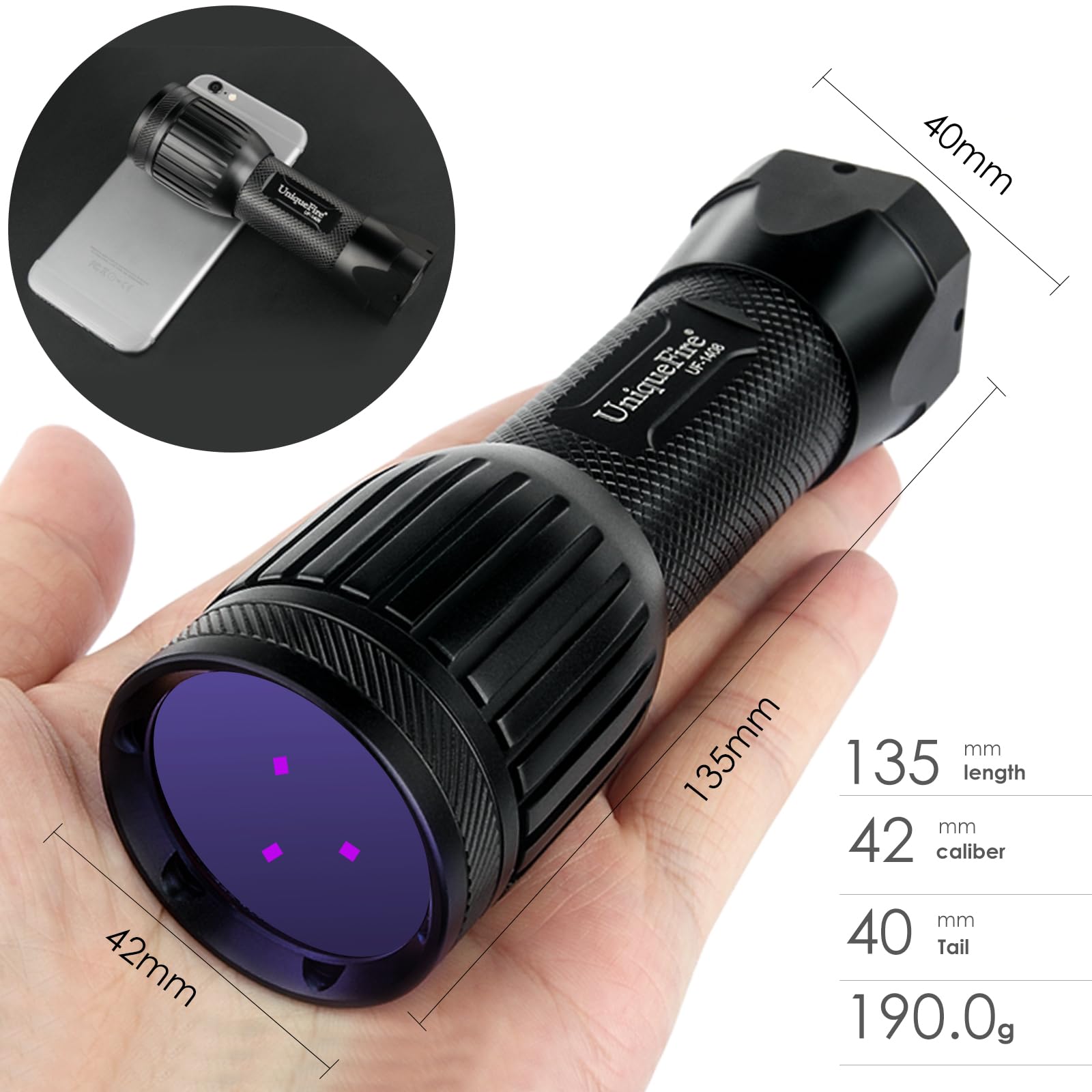 UniqueFire 1408 UV Flashlight, 365nm Black Light with 3 LEDs - Ideal for Pet Urine Detection, Antiques, Scorpion Search, and More