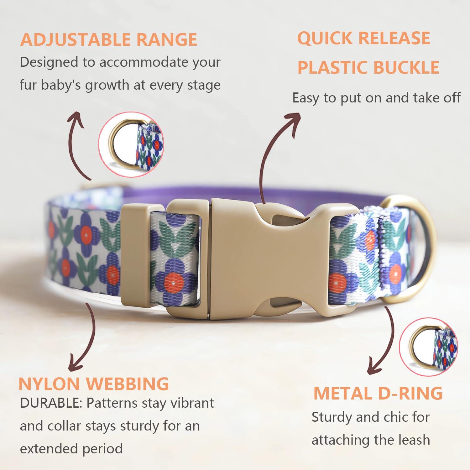 Yudote Designer Dog Collar In Floral Pattern Cute Dog Collars For Small Medium Large Dogs And Puppy (Purple Flower,L)