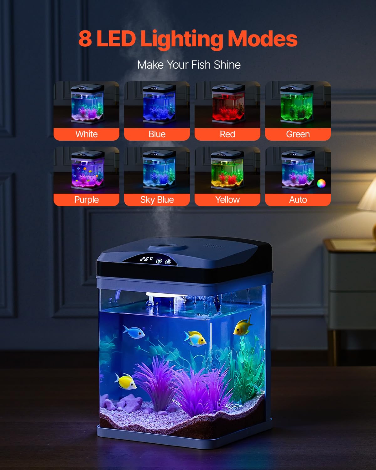 VEVOR Fish Tank Aquarium, 2 Gallon LED Square Ultra-Clear Glass Tank Temperature Monitoring Adjustable 7 Color Lighting, Self Cl