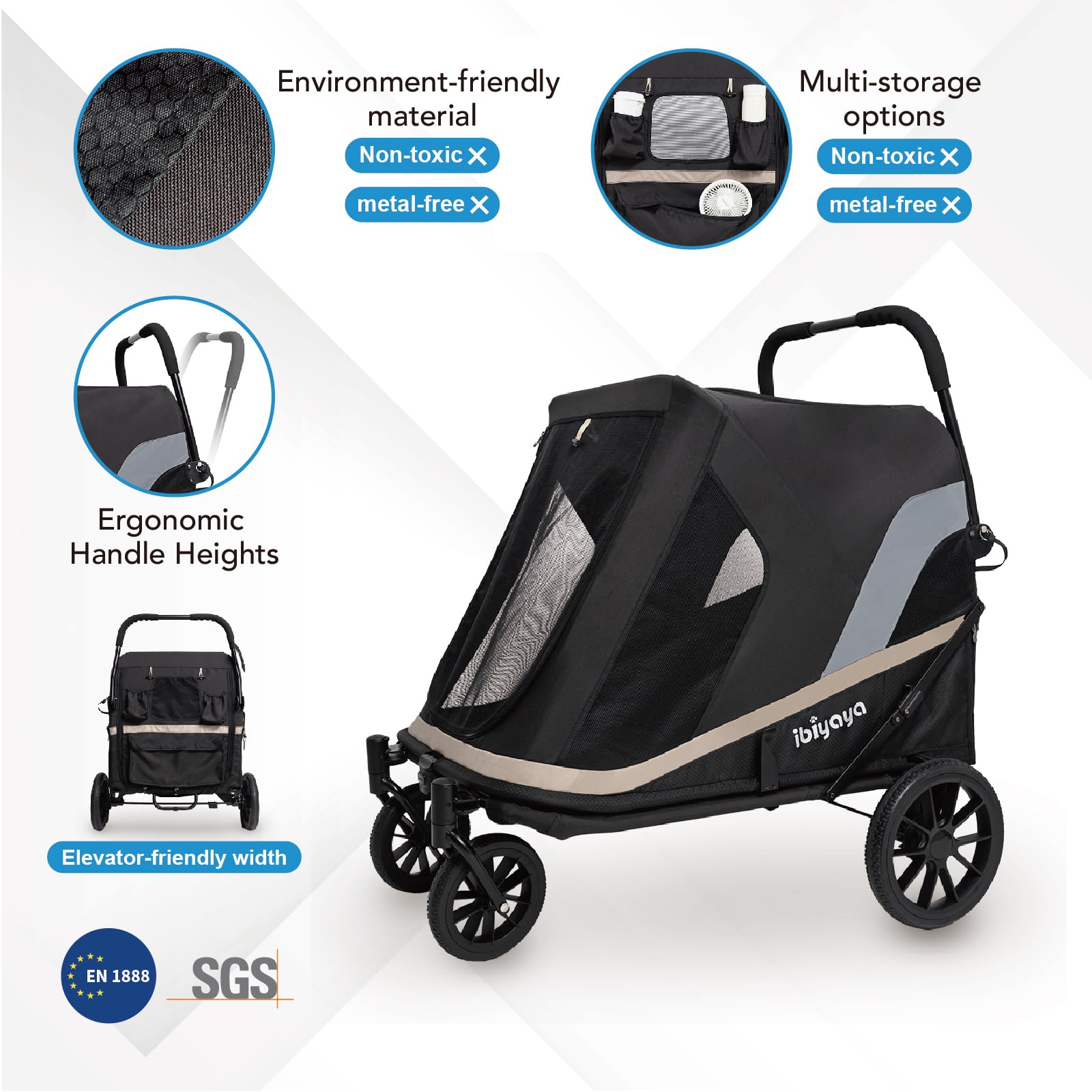 Ibiyaya - Grand Cruiser Dog Stroller For Large Dogs - Dog Wagon For Senior Dogs And Elderly Dogs - Comfortable And Durable, Heavy Duty Design - Black