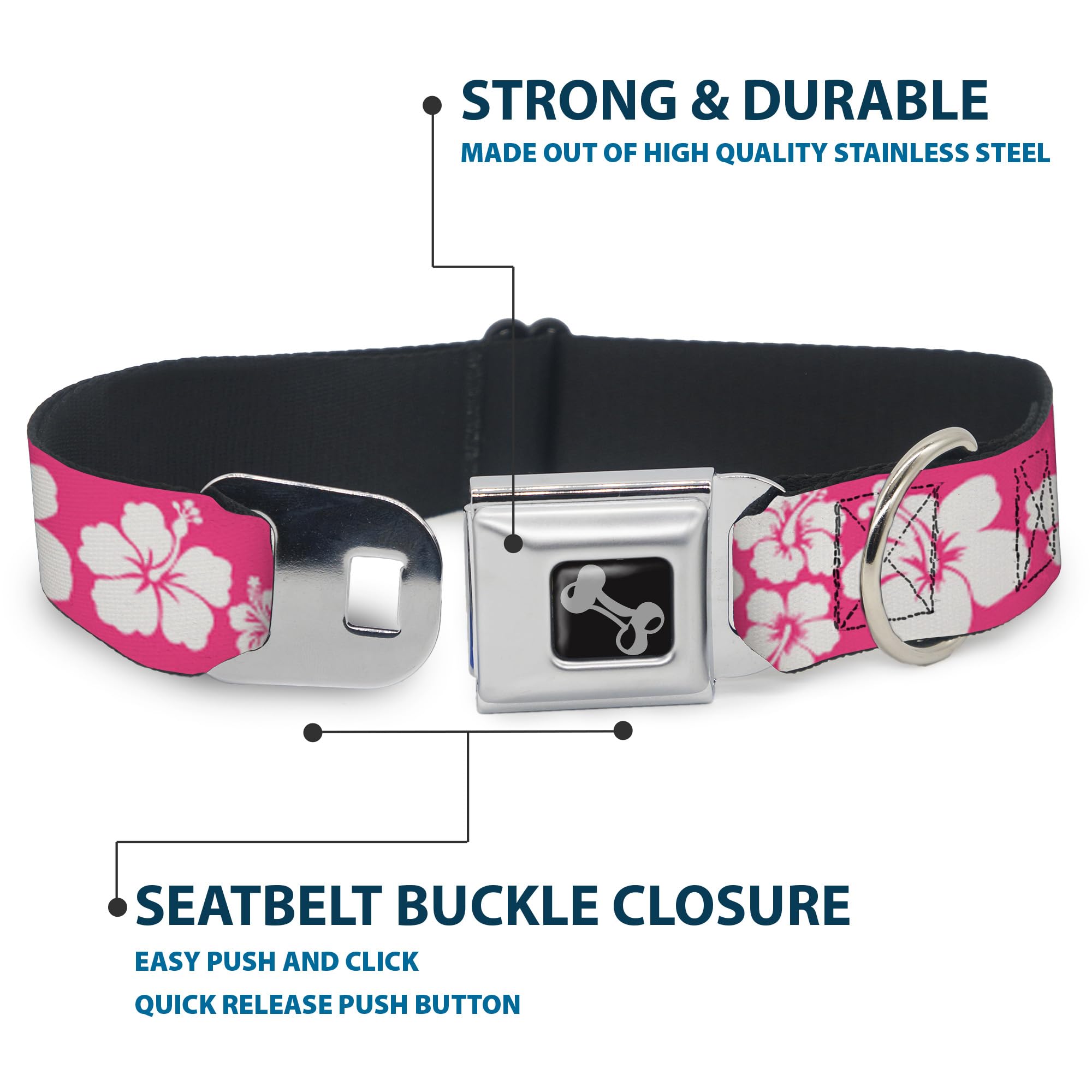 Buckle-Down Hibiscus Neon Pink/White Dog Collar Bone, Wide Small/13-18, Neck - Small
