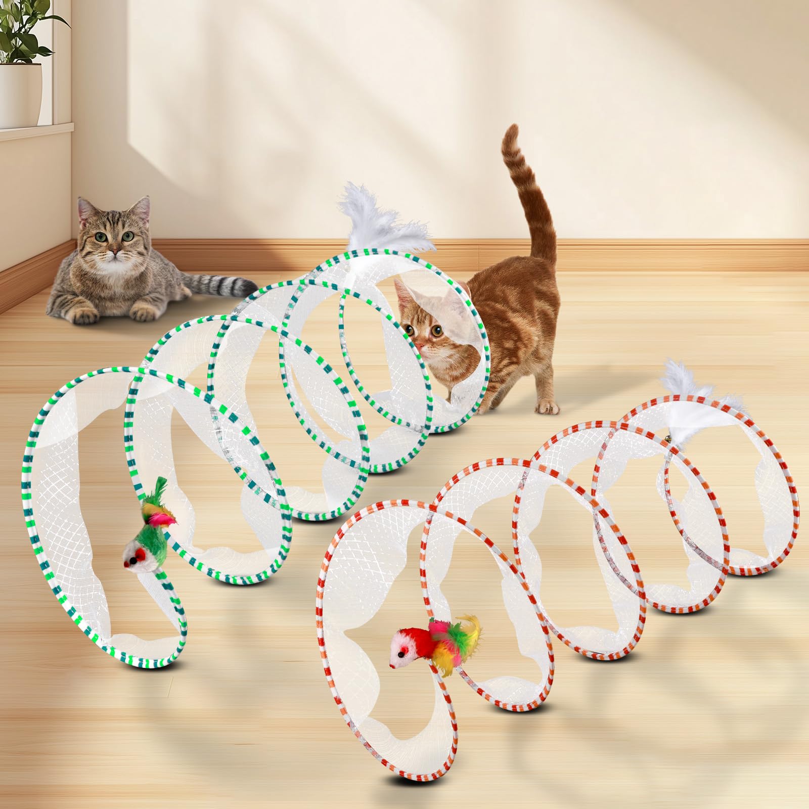 2-Piece Spiral Cat Tubes For Indoor Cats, Large Collapsible Tunnel With Feather Mouse Interactive Toy (Green & White + Green + O