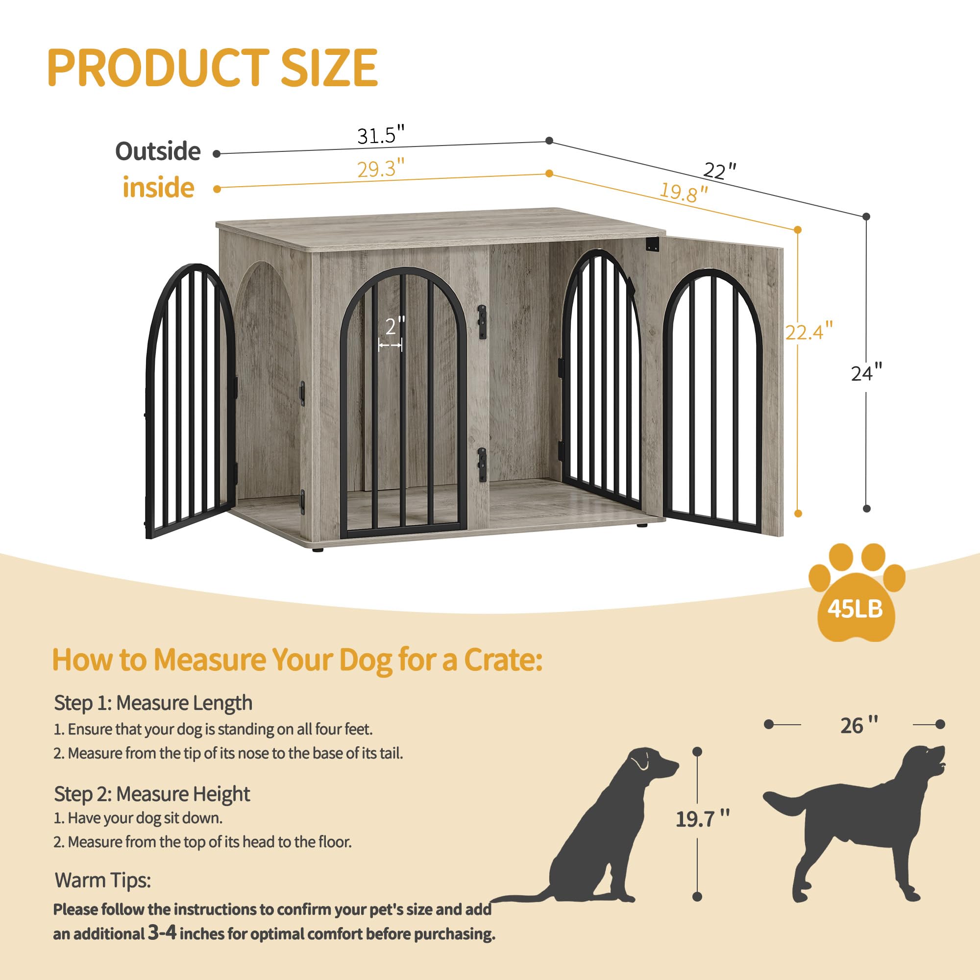 Hzuaneri 31.5 Wooden Dog Crate Furniture, Indoor Dog Kennel Dogs Cage for Small/Medium Dogs, Heavy Duty Dog Crates Decorative