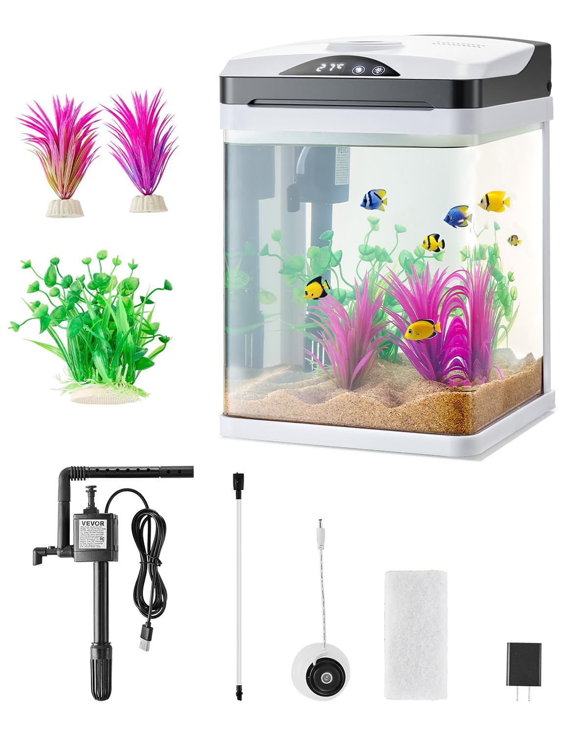 VEVOR Fish Tank Aquarium, 2 Gallon LED Square Ultra-Clear Glass Tank Temperature Monitoring Adjustable 7 Color Lighting, Self Cl