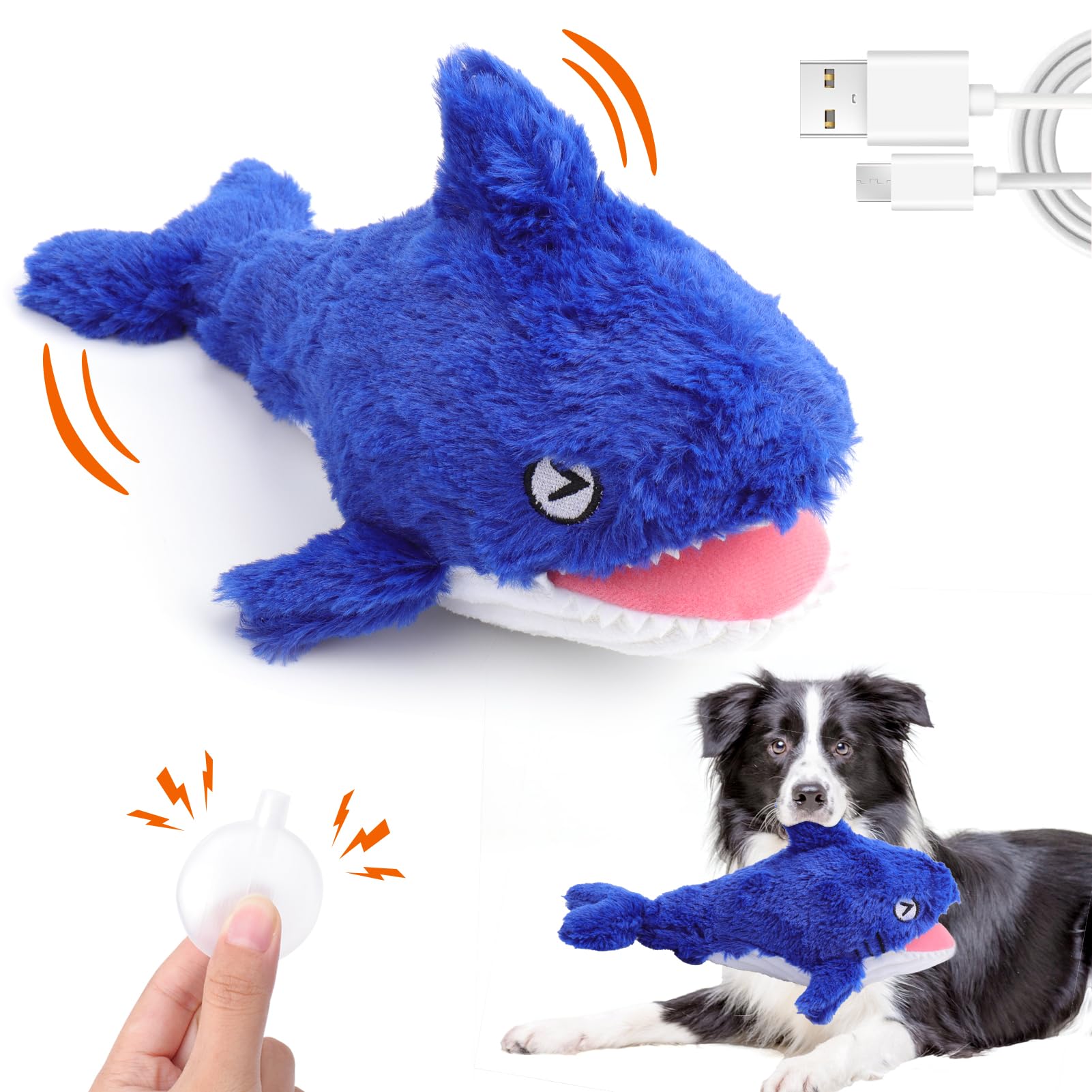 Mity Rain 2 In 1 Interactive Dog Toys, Shark Dog Toy To Keep Them Busy, Plush Squeaky Dog Toys, Rechargeable Wiggly Fish Blue Do
