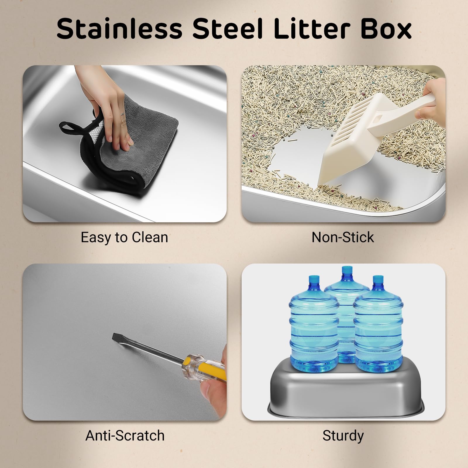 Ipettie S01 20L Large Stainless Steel Litter Box, Odor-Reducing Smell Proof Charcoal Filter, Enclosed With Cat Litter Scooper, E