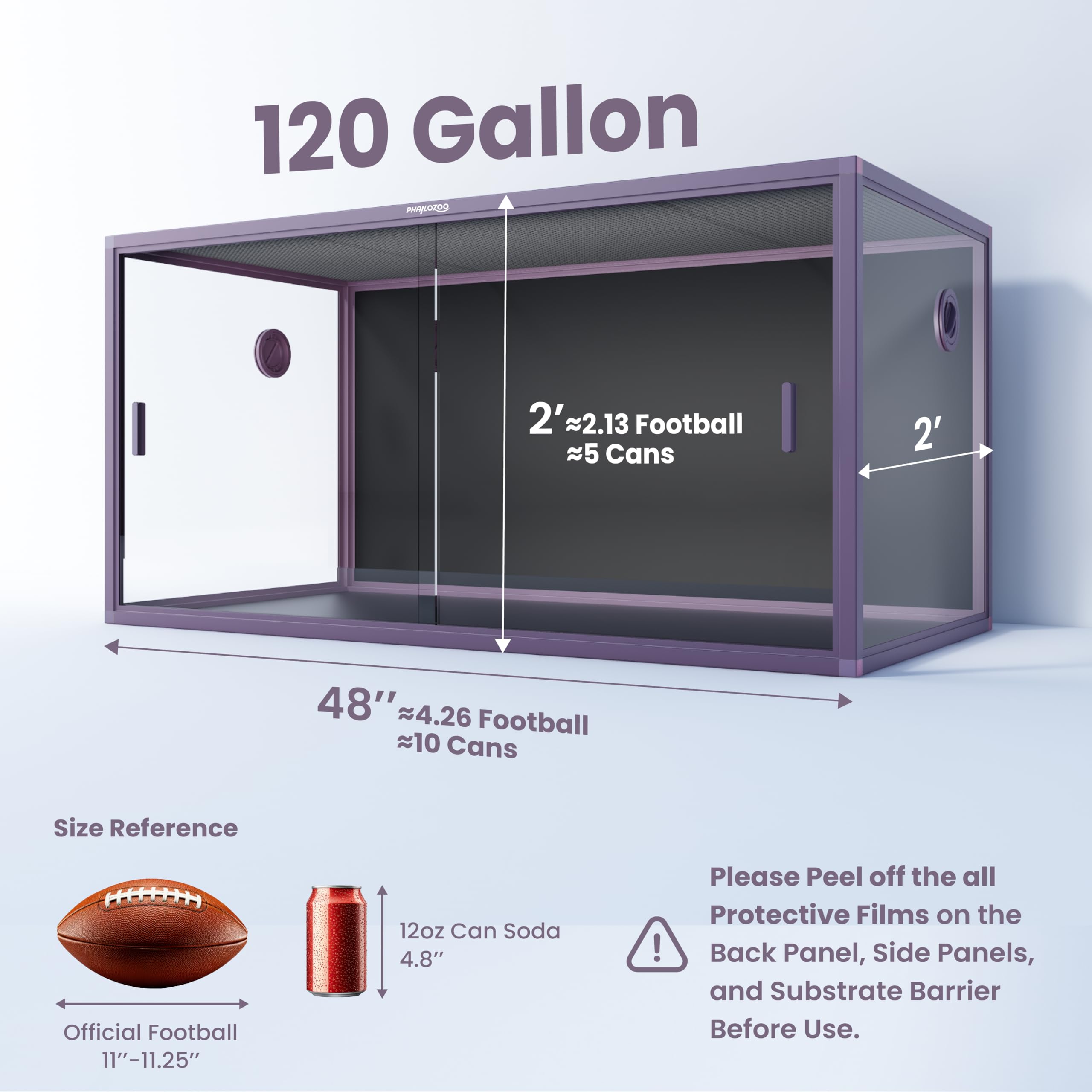 Phailozoo 120 Gallon Bearded Dragon Tank,48 x 24 x 24 Reptile Tank with Sliding Door Top Screen Ventilation, Front Opening Repti