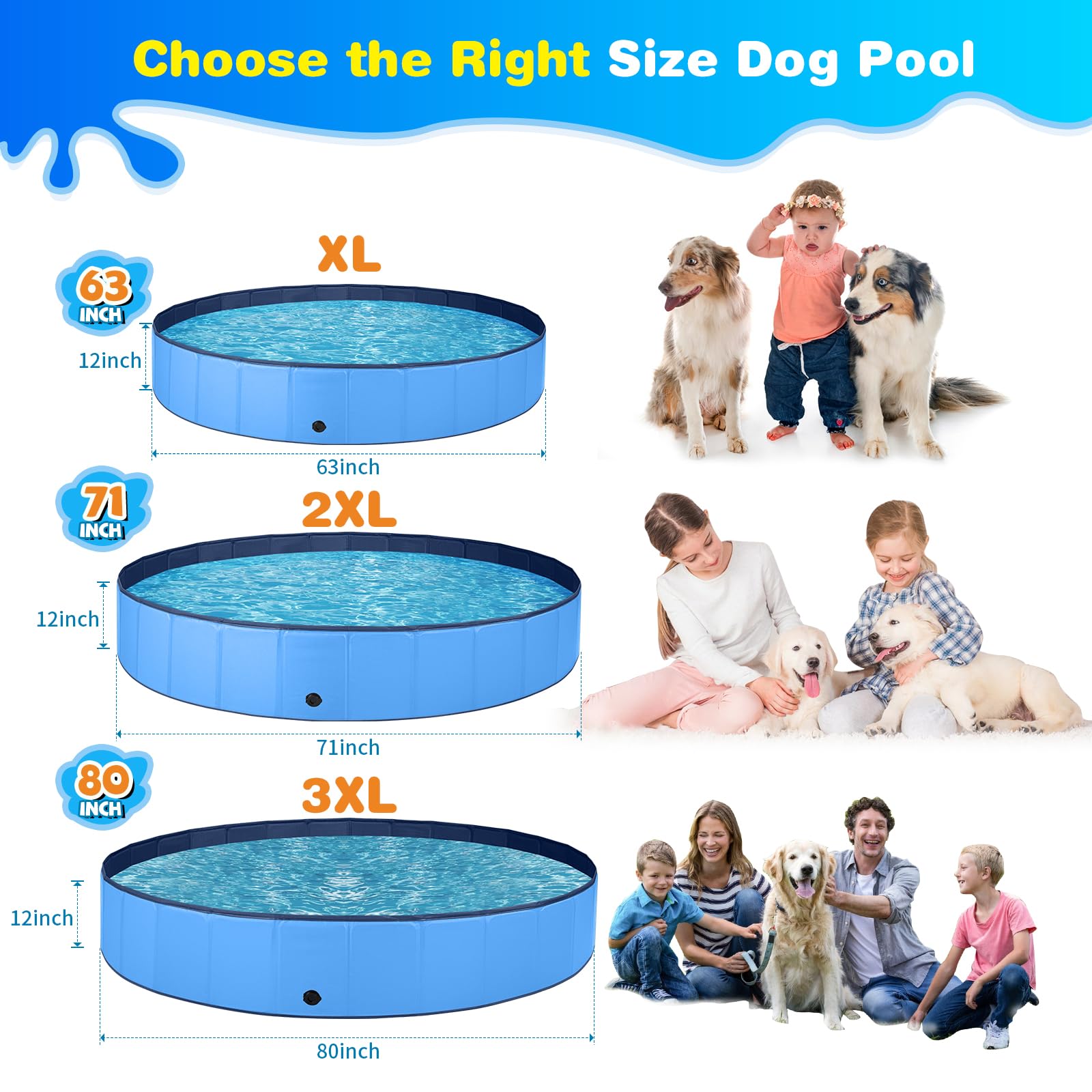 Jecoo Dog Pool for Large Dogs Kiddie Pool Hard Plastic Foldable Dog Bathing Tub Portable Outside Kids Swimming for Pets and Dogs