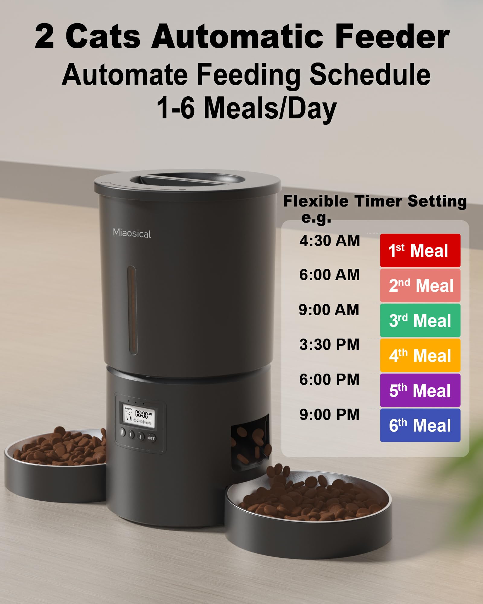 Dual Automatic Cat Feeder 2 Cats,6 Meals/Day,12 Portions/Meal,4.2L Dual Power Double Bowls Feeder,Dry Food Auto Pet Dispenser,10