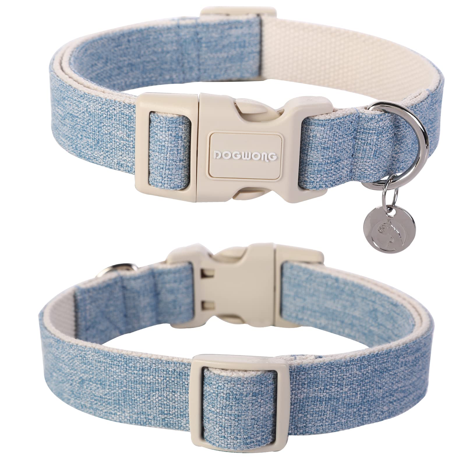 Dogwong Cotton Hemp Dog Collar - Heavy-Duty Adjustable Soft Natural Fabric Pet Collar, Baby Blue Cute Wedding Puppy Necklace For