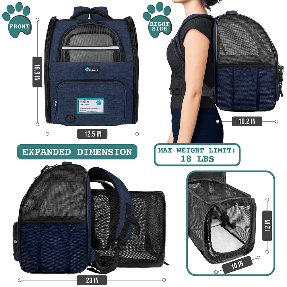 PetAmi Dog Cat Backpack Carrier, Expandable Pet Carrier Backpack for Travel Hiking, Small Medium Dog Puppy Large Cat Carrying Backpack, Airline Approved Ventilated Soft Back Support, 18 lbs, Navy -Like New
