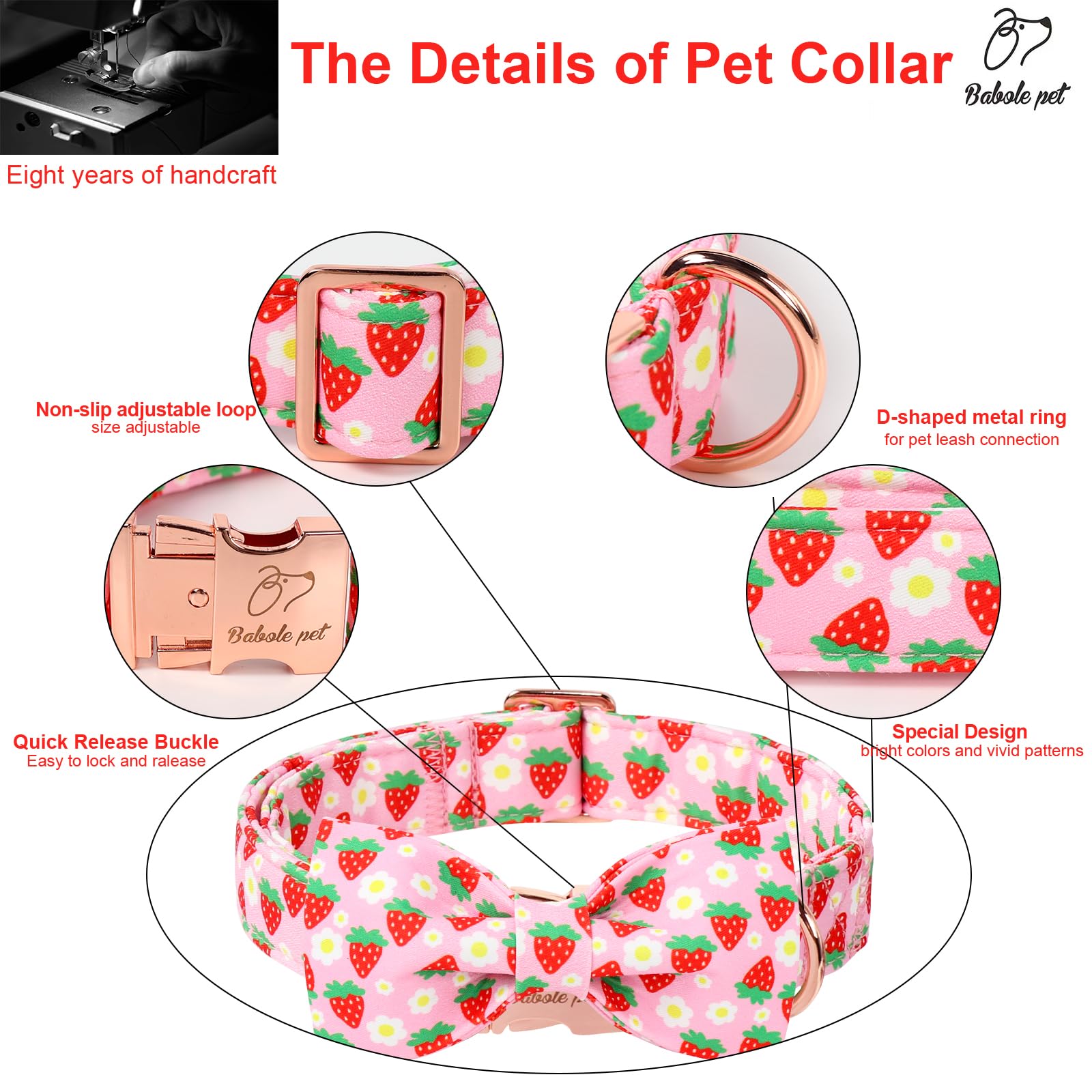 Babole Pet Cute Strawberry Dog Collar With Bow Tie - Adjustable Spring-Summer Pink Bowtie Collar Breathable Comfort Dog Collars