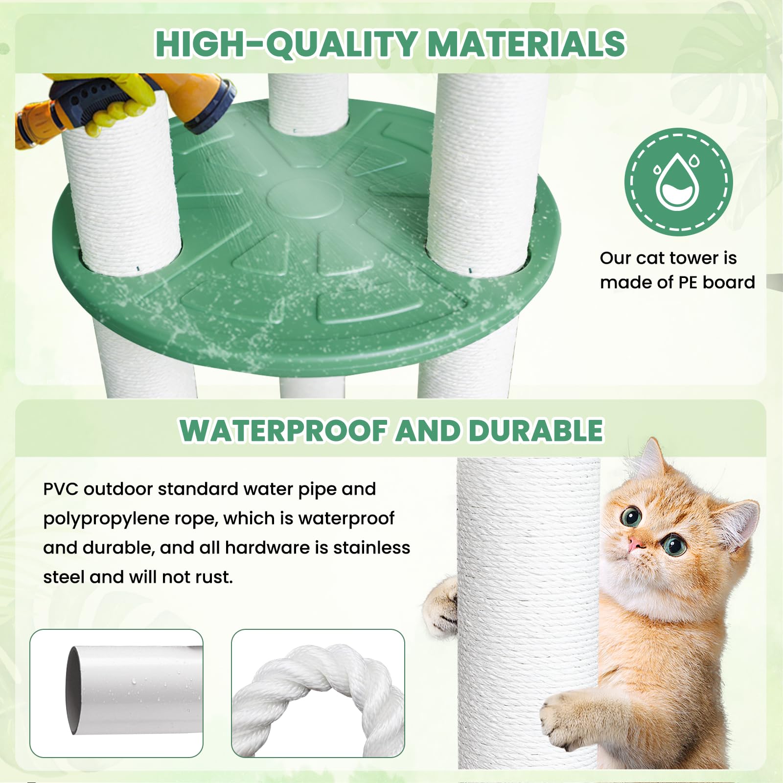 MAOHEGOU 68 inch Waterproof cat Tower, Cylindrical Outdoor cat Tree with Green Leaves,Plastic Board and cat Scratching Post,Used
