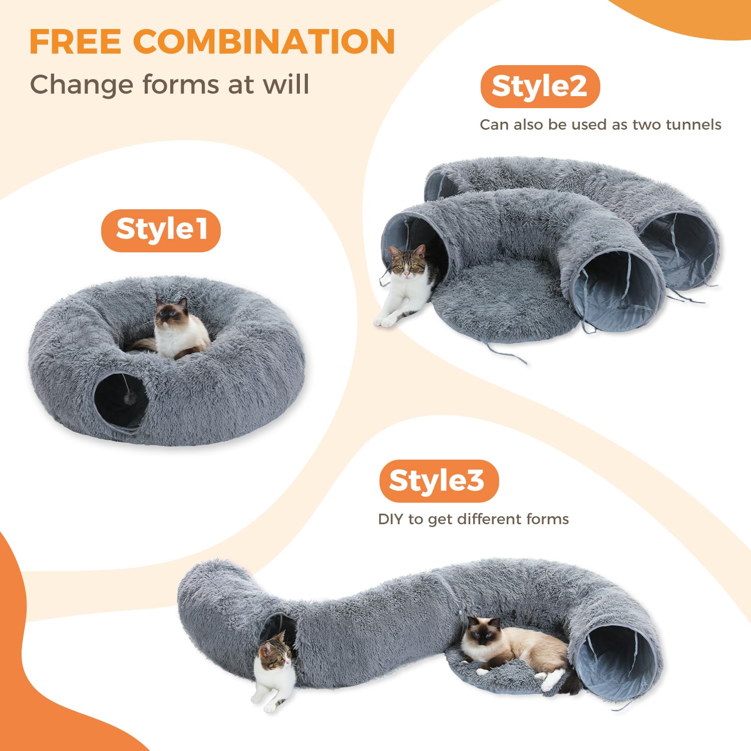 Pawz Road Large Cat Tunnel, Cat Tunnel Bed With Central Soft Mat And Dangling Balls, Collapsible Fluffy Plush Cat Tube (9.8 Inch