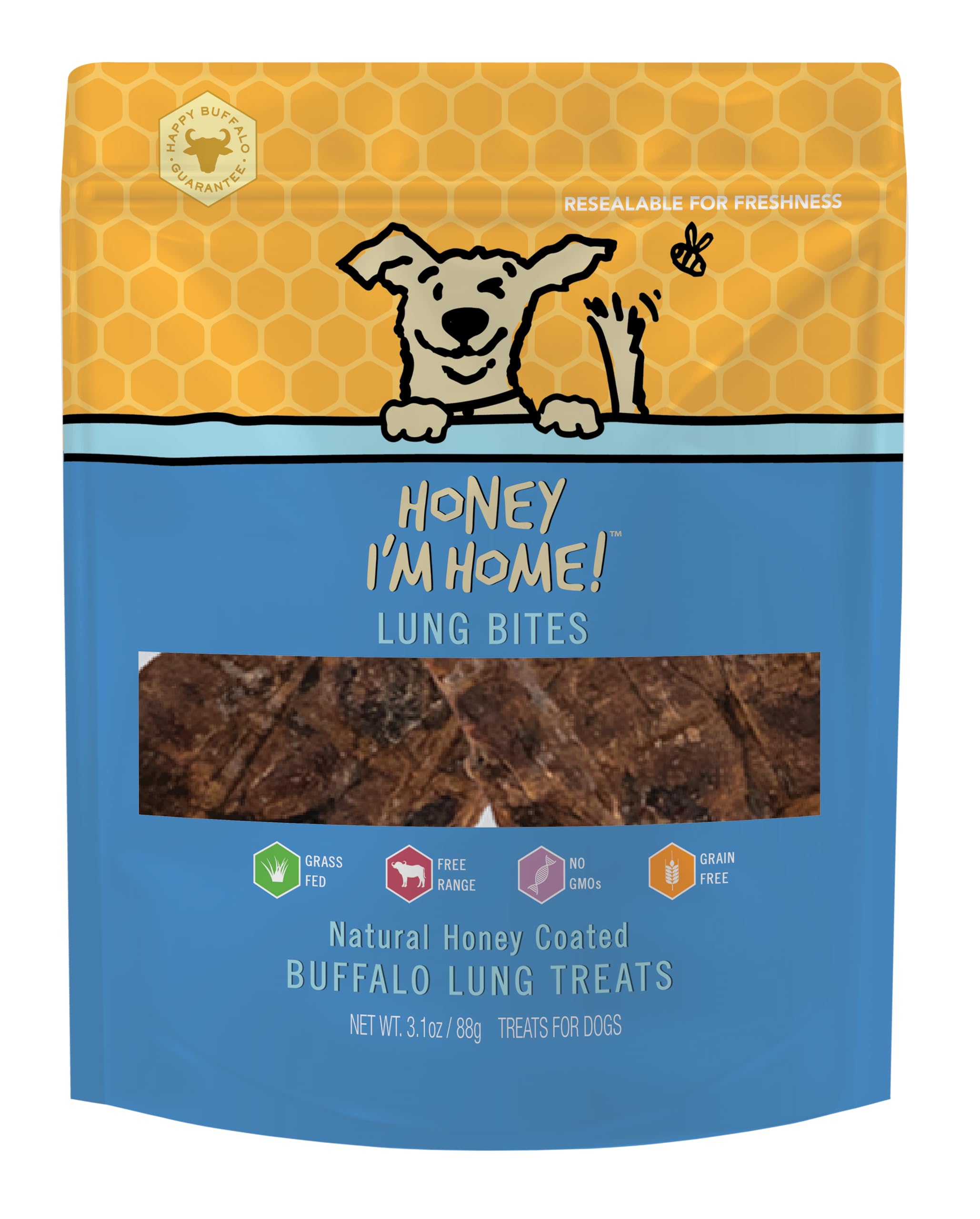 Honey Im Home, Lung Bites Buffalo Dog Treats, 3.1 Ounces - All Natural, Free Range, Healthy, Grain Free, Honey Coated & Crispy