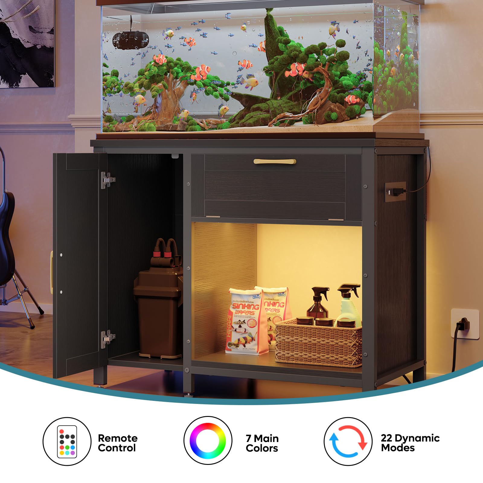 Bestier 40-50 Gallon Fish Tank Stand with Power Outlet&LED Light, 37x18 Heavy-Duty Metal Aquarium Stand with Cabinet&Drawer for