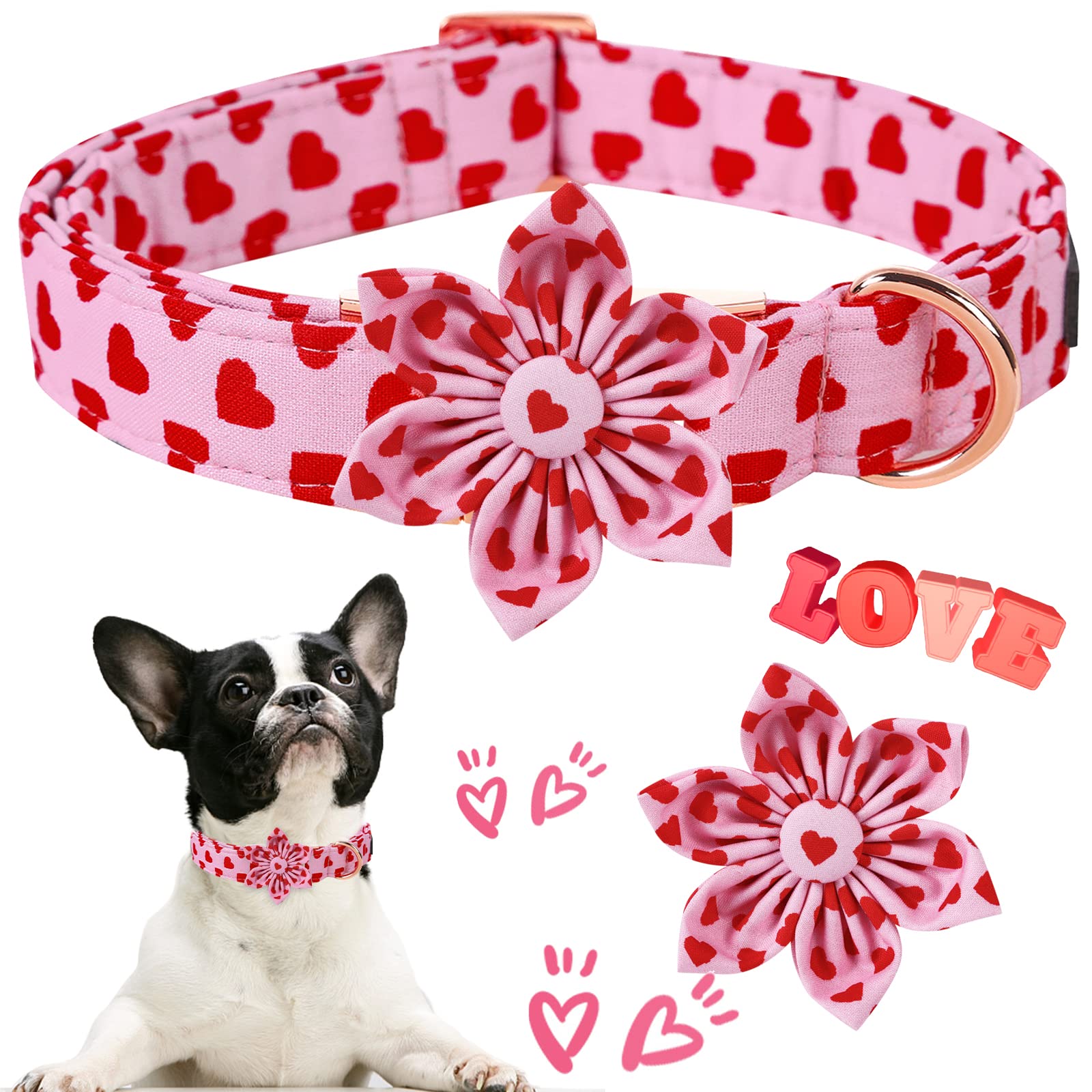 Aring Pet Valentine'S Day Dog Collar-Adorable Pink Heart Dog Collar With Flower, Adjustable Cotton Girl Dog Collars With Metal B