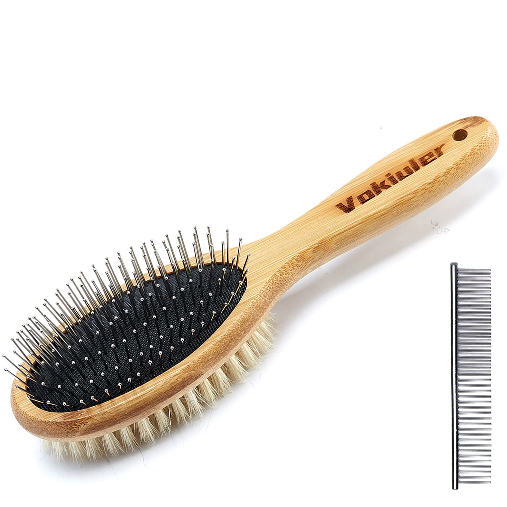 Dog Brush Cat Brush, Vokiuler Double Sided Bristle And Pin Pet Brush For Dog Grooming, Real Boar Bristle Shedding Brush With Bam