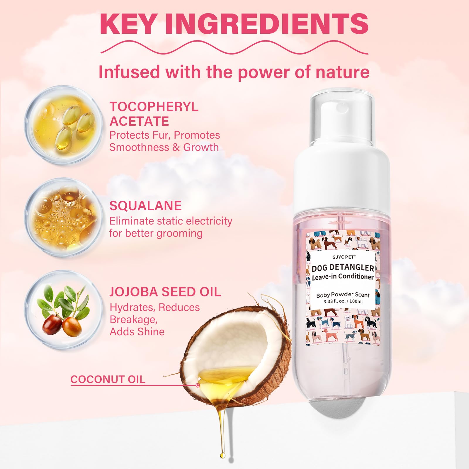 Dog Detangler & Dematting Spray - Leave-In Formula, Baby Powder Scent | Infused With Coconut Oil, Jojoba Oil, And Squalane For E