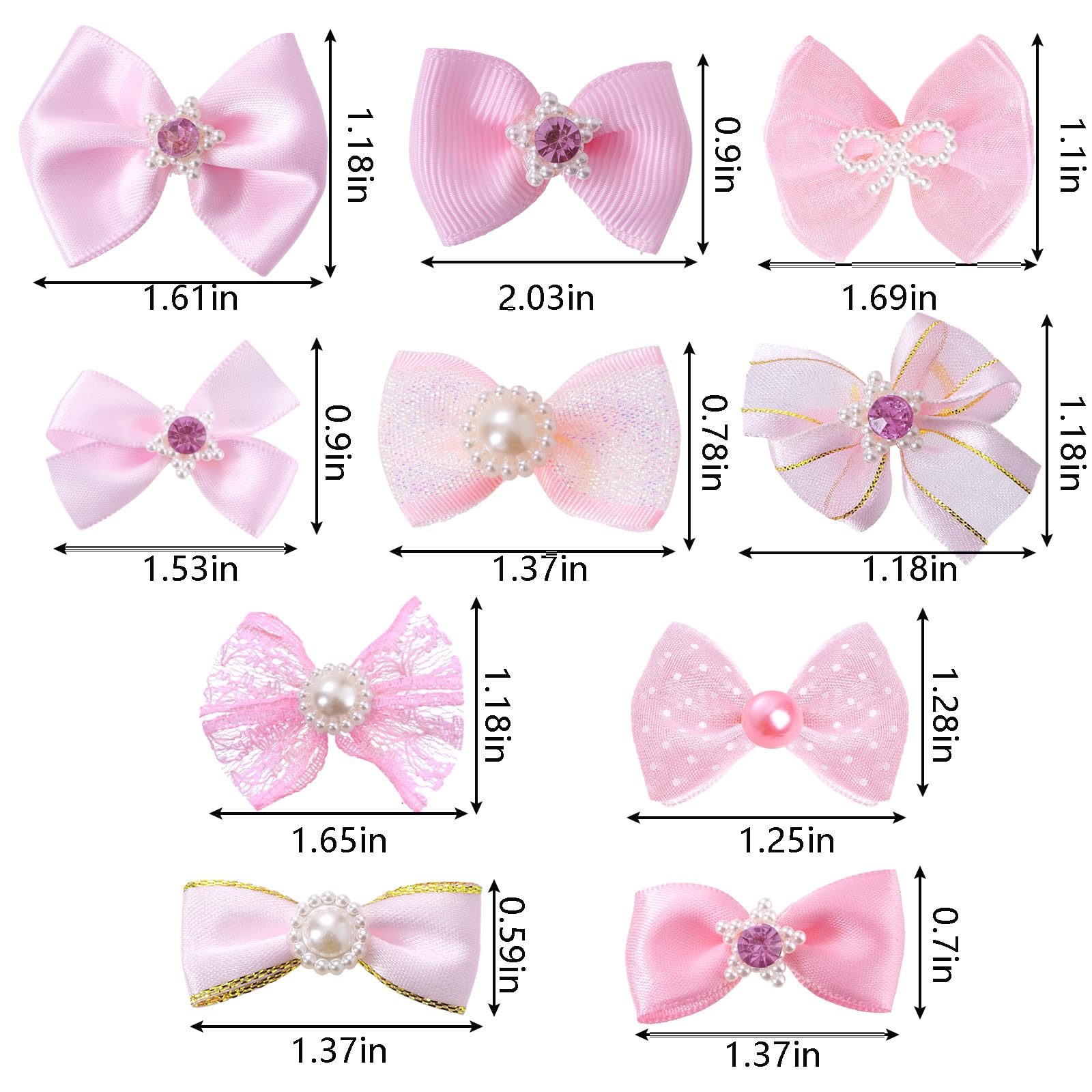 20 Pcs Cute Dog Hair Bows With Rubber Bands Elastic Handmade Mix Style Lace Rhinestone Pearls For Furry Puppy Cat Pet Girl, Pink