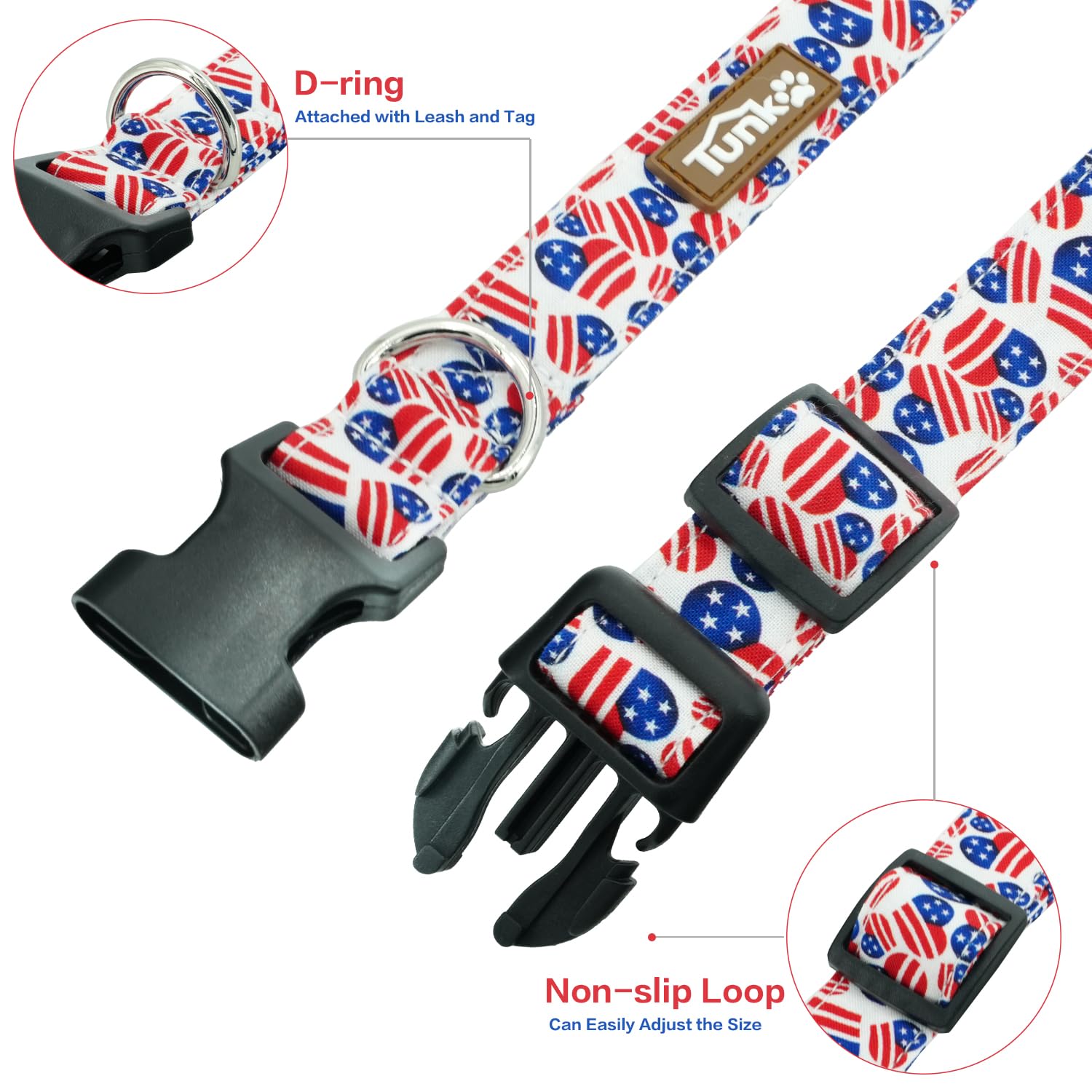 Tunkoo American Flag Dog Collar, Cute Adjustable Heart Collar For Boy And Girl Dogs Strong Plastic Buckle - For Small Medium Lar