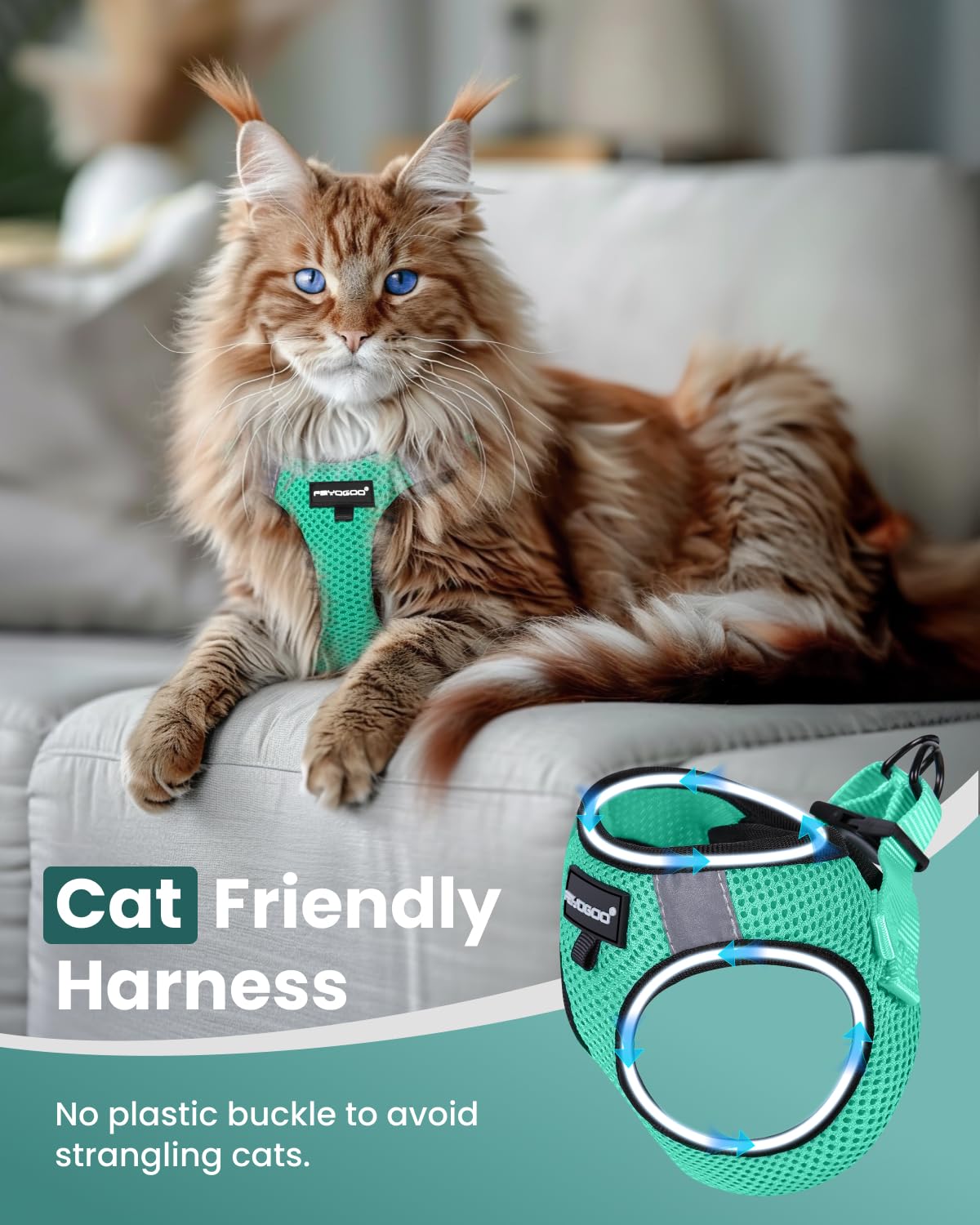 FAYOGOO Cat Harness and Leash Set, Escape Proof Adjustable Vest, Medium, Green, Lightweight Mesh for Small & Large Cats