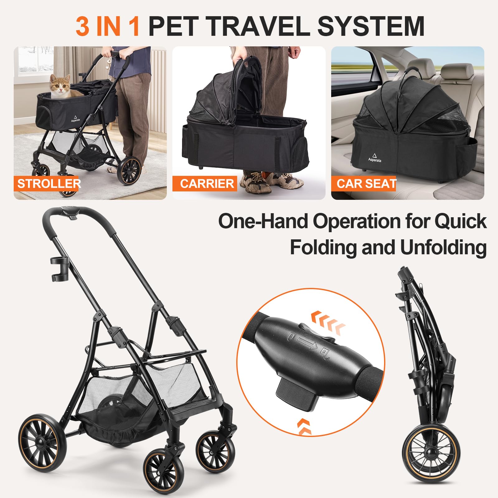 Asperata Pet Stroller for Dogs & Cats up to 55 lbs, Foldable 4-Wheel Carrier, Black, 27.6" × 22.0" × 40.
