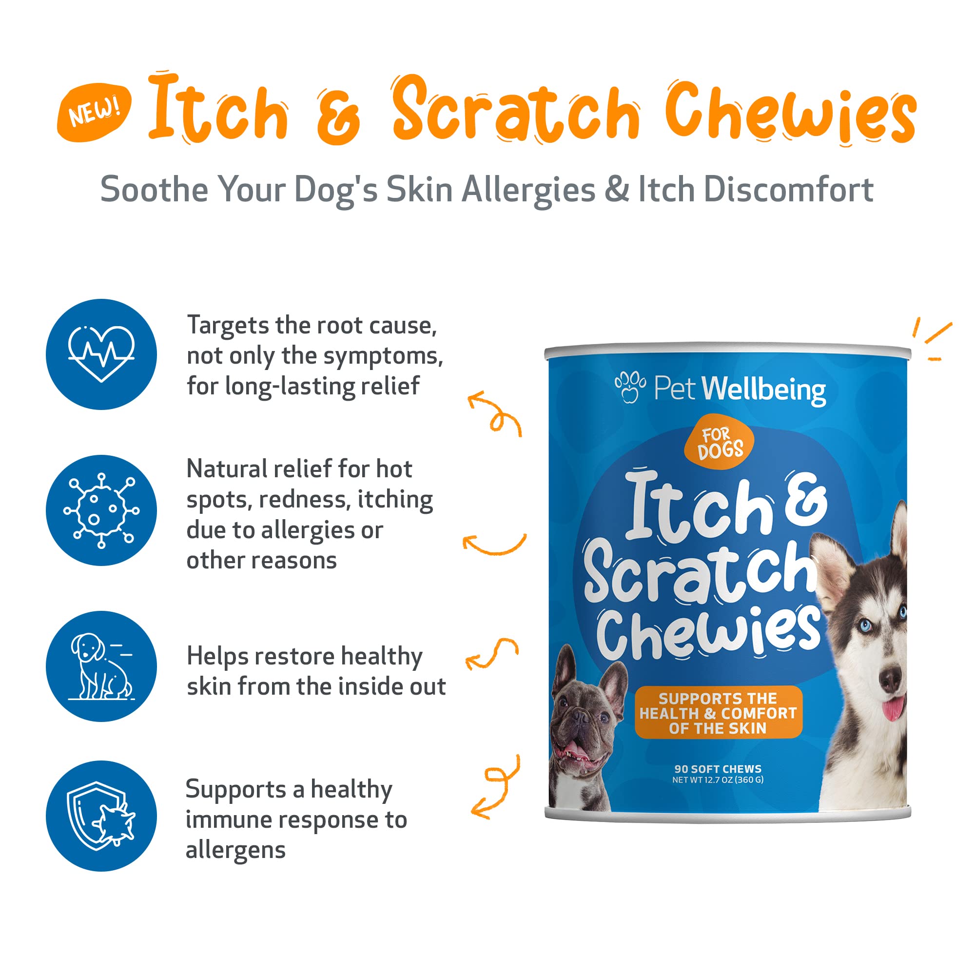Pet Wellbeing Itch & Scratch Chewies for Dogs - Supports Healthy Itch Response to Occasional Skin Allergies, Skin Health, Chines