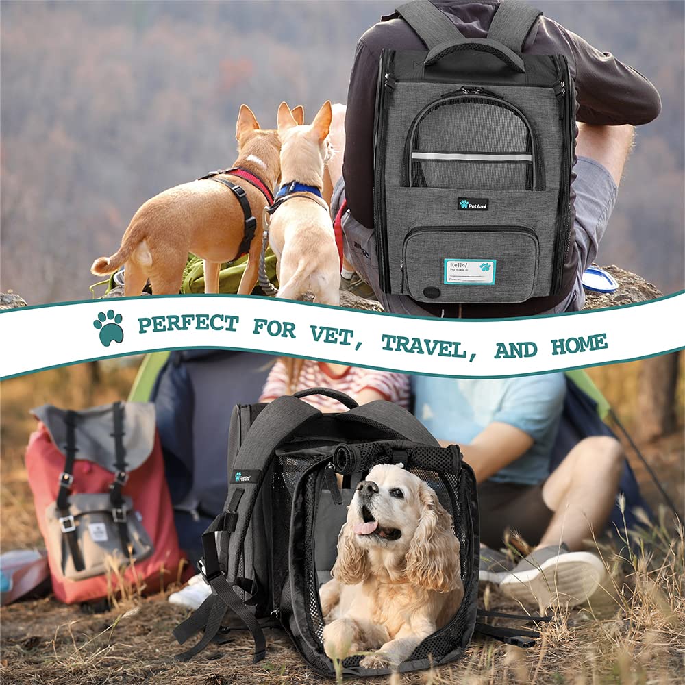 PetAmi Expandable Dog Cat Backpack Carrier - Airline Approved, Soft Back Support, Ventilated, for Small Medium Dogs & Large Cats, Charcoal