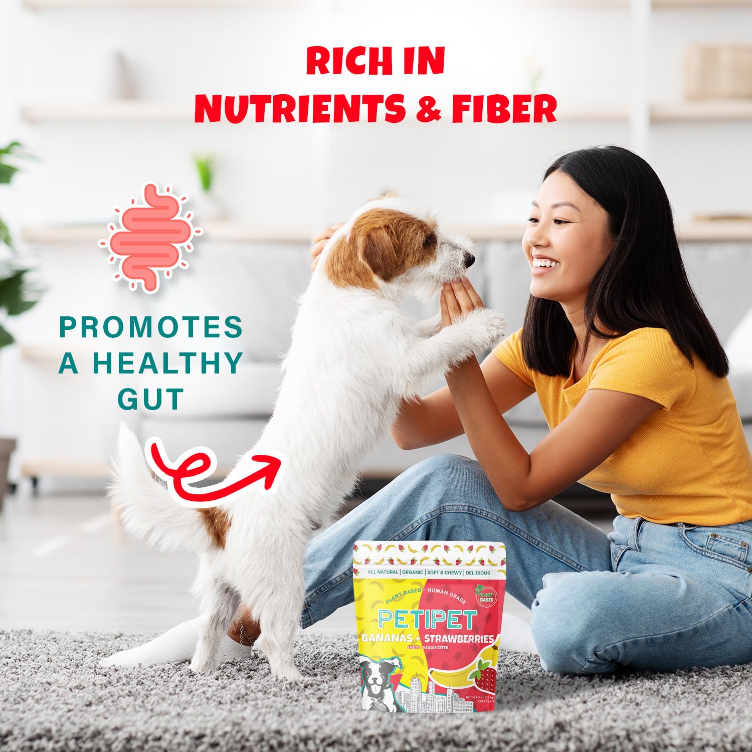 PETIPET Bananas+Strawberries Plant-Based Fruit Dog Treats - Strawberry, Apple, Banana Soft & Chewy Treats - Healthy, Vegetarian,