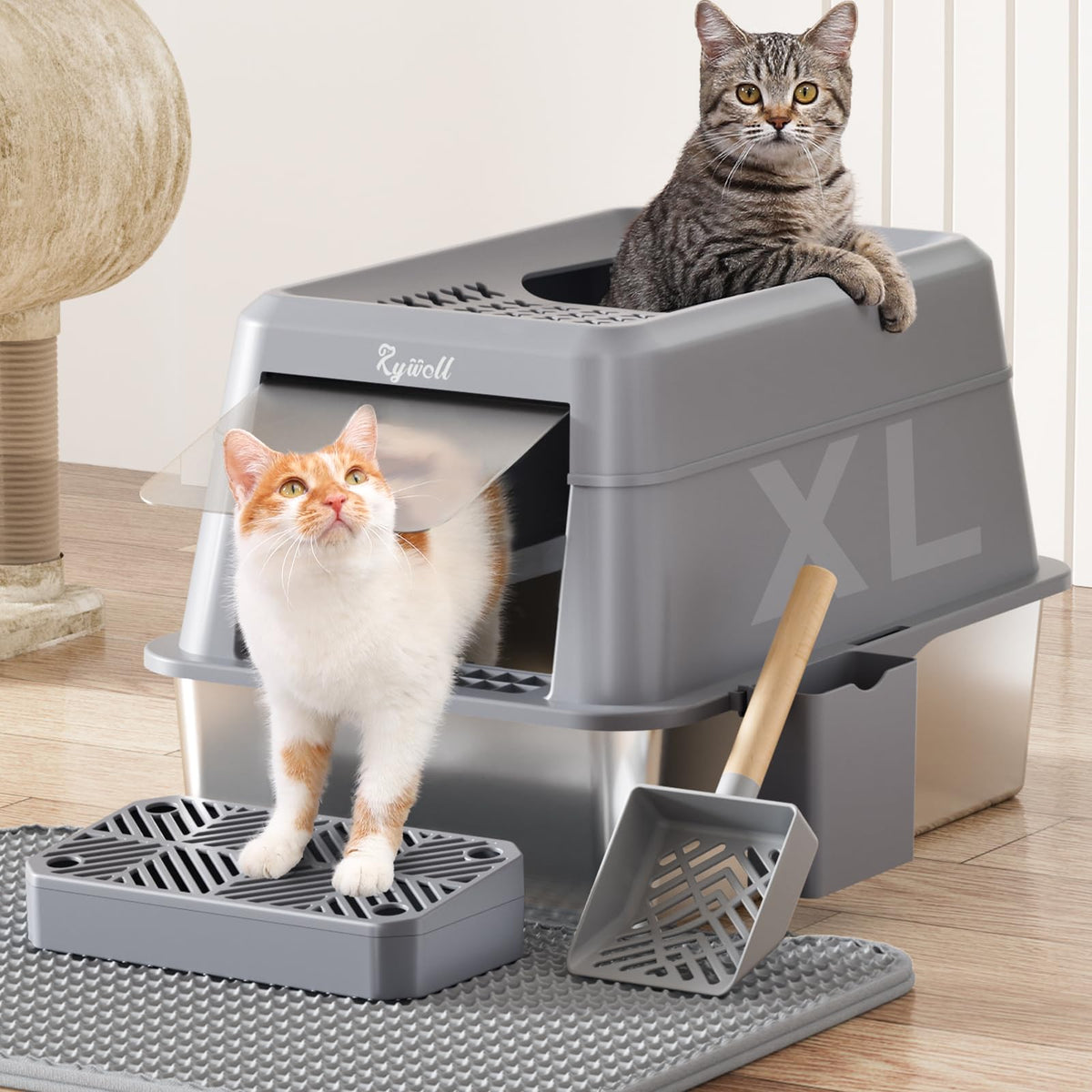Rywell Stainless Steel Litter Box, Covered Xl Extra Large Cat Litter Box Enclosure, Metal Kitty Litter Boxes With Lid, Litter Sc
