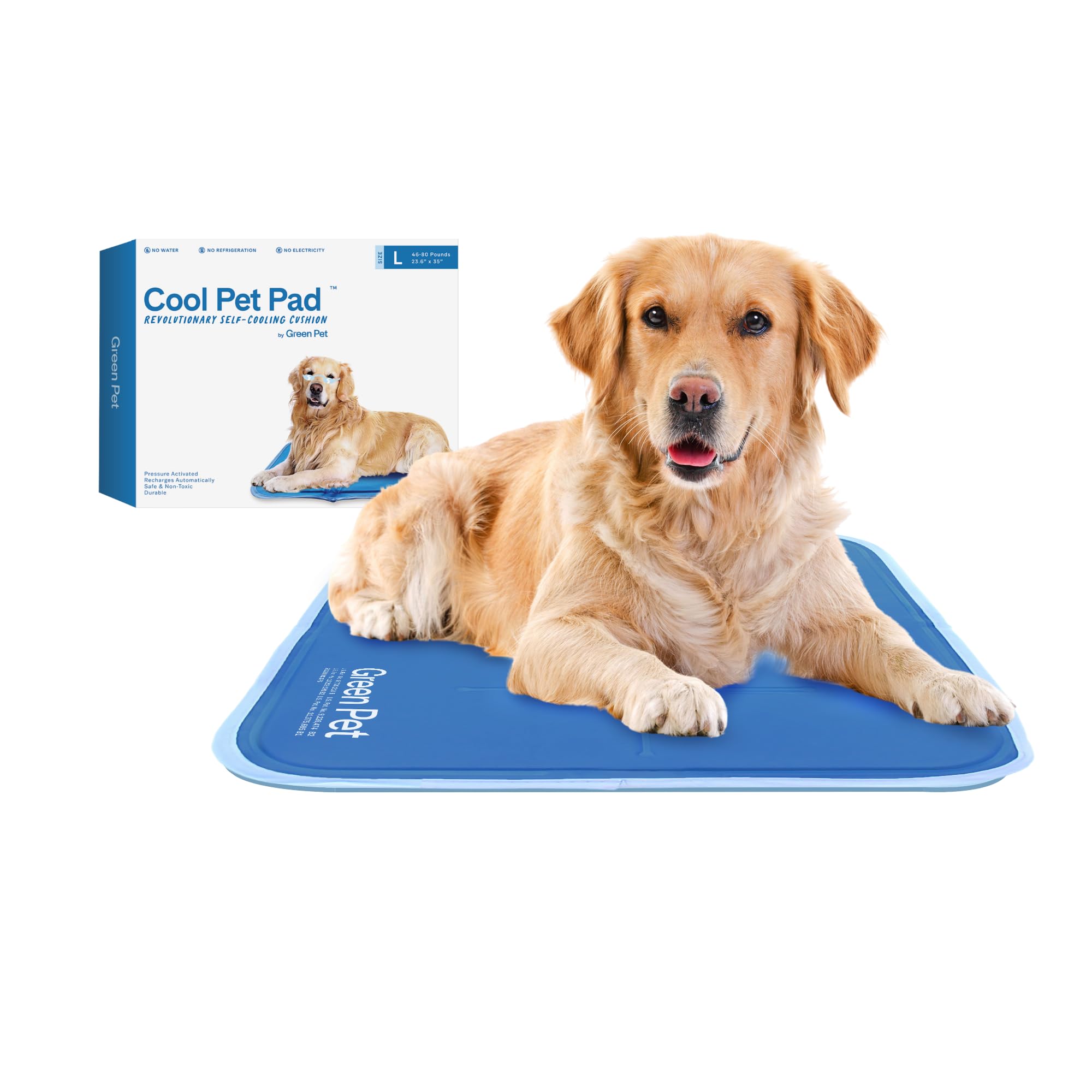 The Green Pet Shop Cool Pet Pad - Large, Blue - Self-Cooling, Pressure Activated Mat For Dogs & Cats From 46-80 Lbs - Non-Toxic Gel, No Water Needed