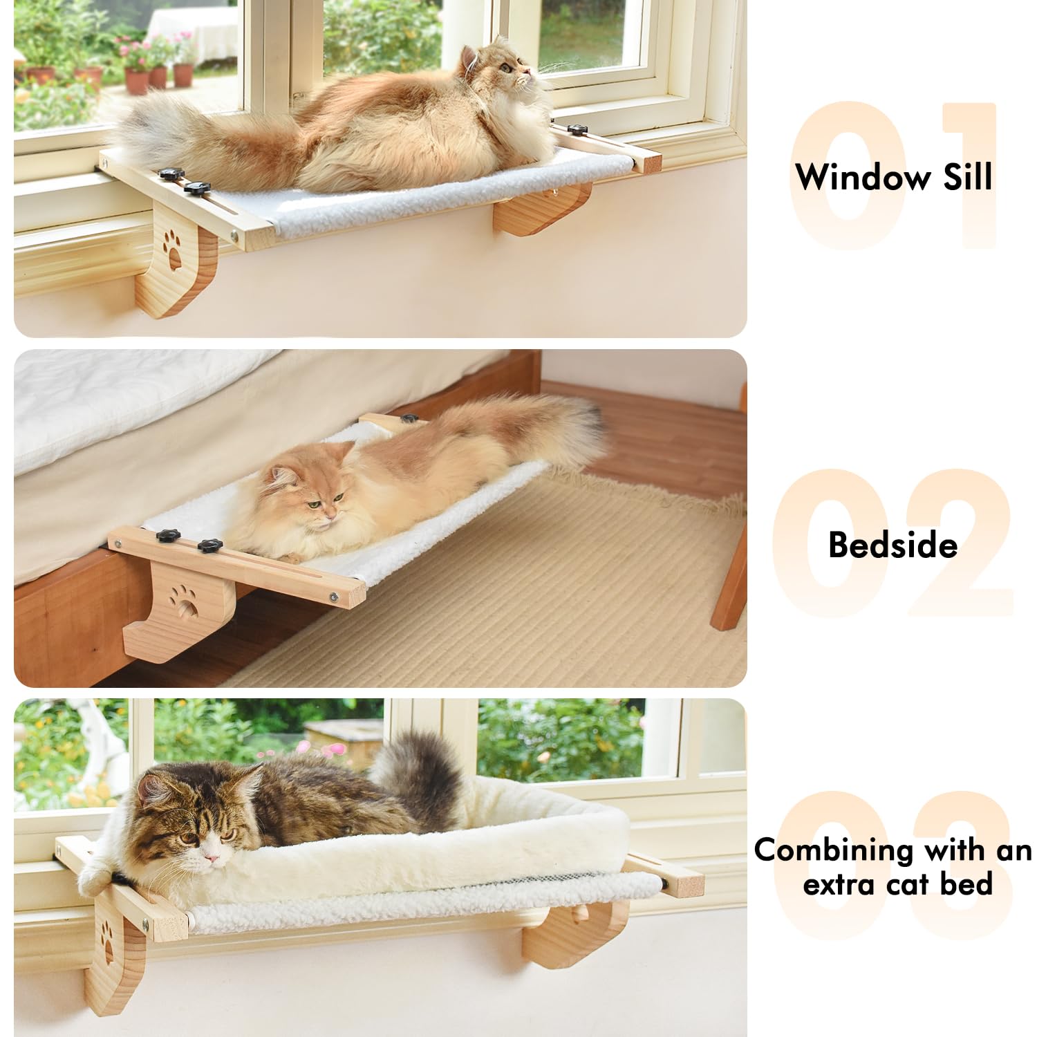 Amosijoy Cat Sill Window Perch Sturdy Cat Hammock Window Seat With Wood & Metal Frame For Large Cats, Easy To Adjust Cat Bed For Windowsill, Bedside, Drawer And Cabinet (24.4''-White Plush)